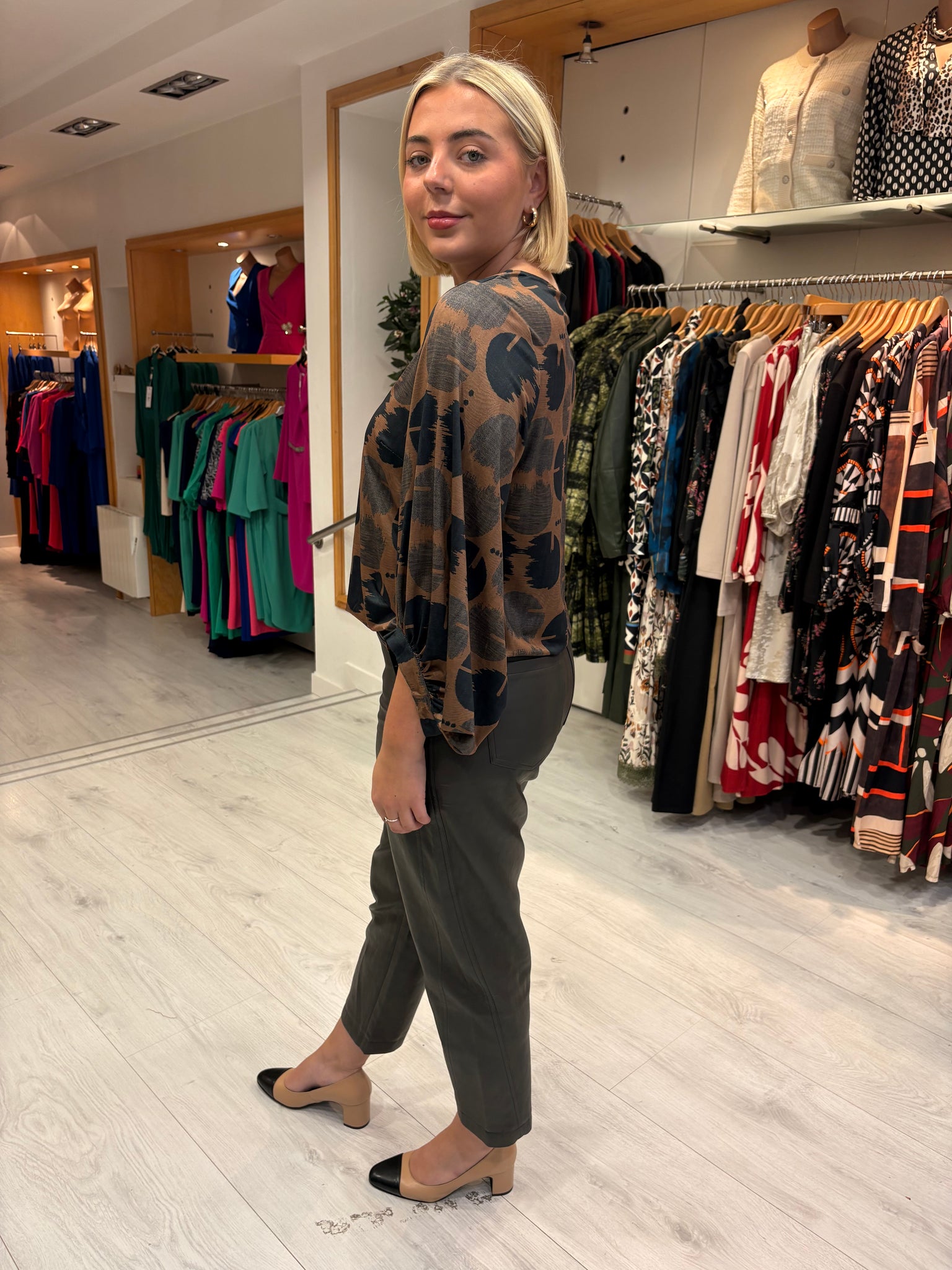 K Design Camel & Black Geometric Print Blouse