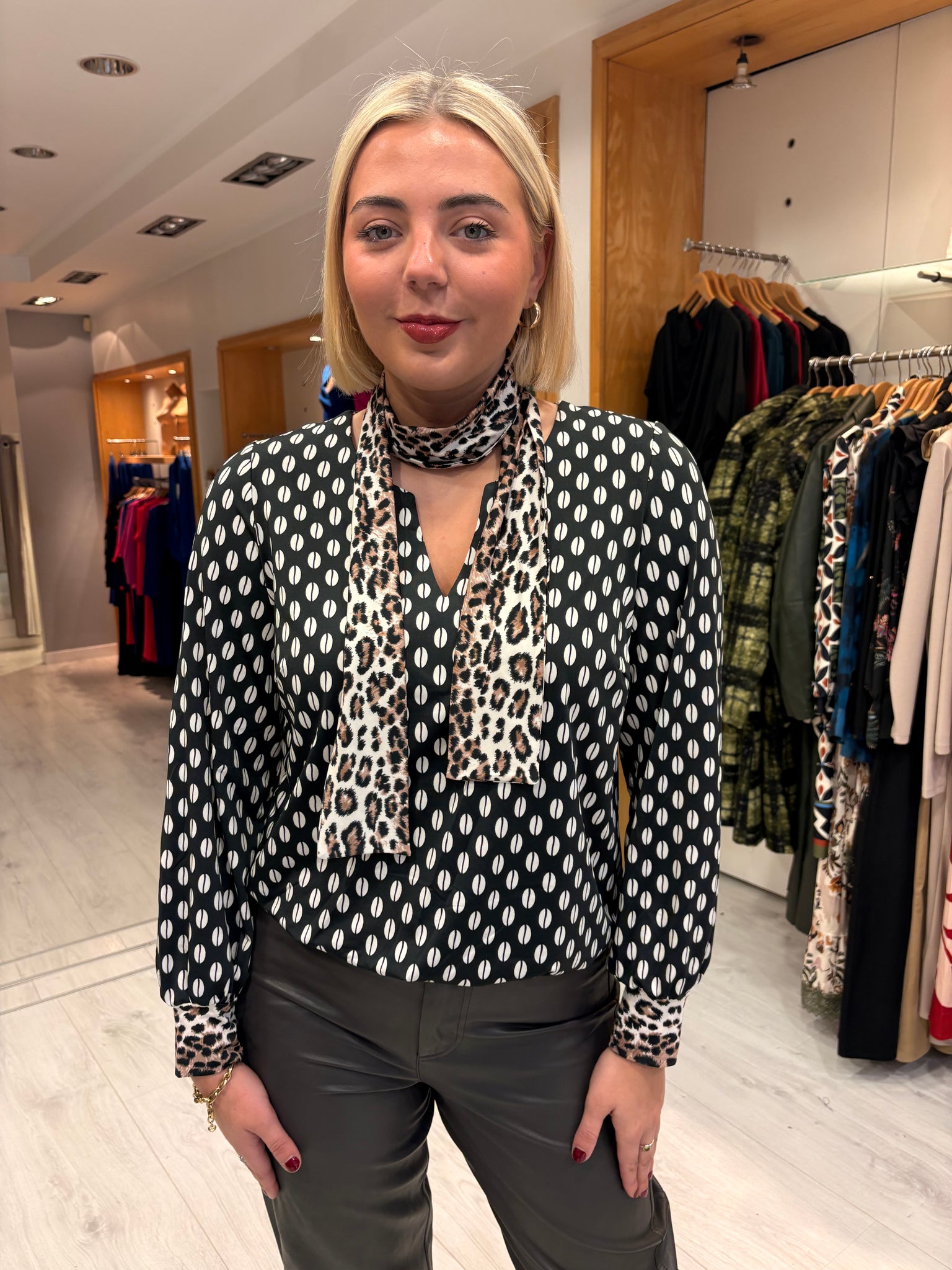 K Design Black & White Print Blouse with Animal Print Accents