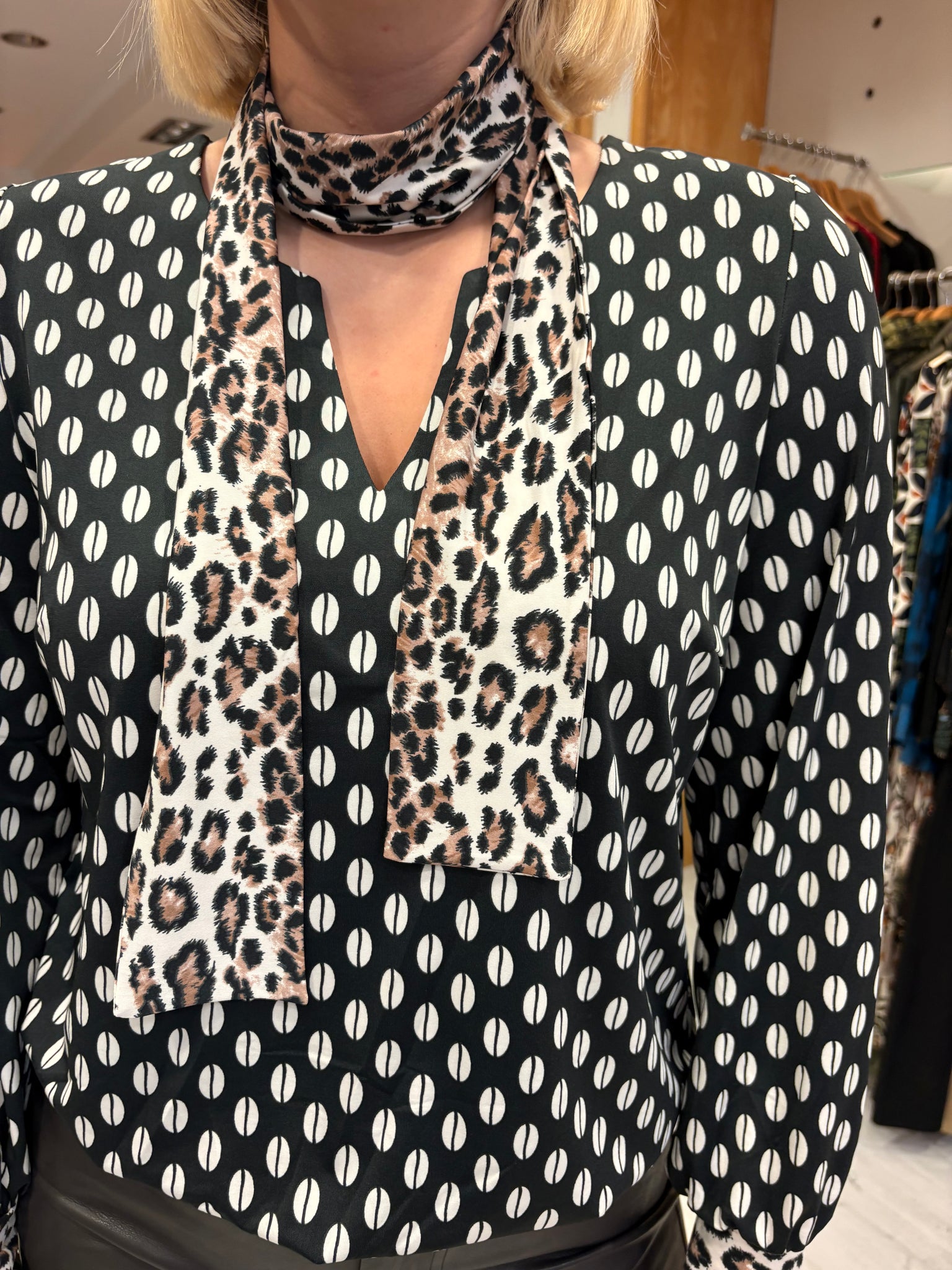 K Design Black & White Print Blouse with Animal Print Accents