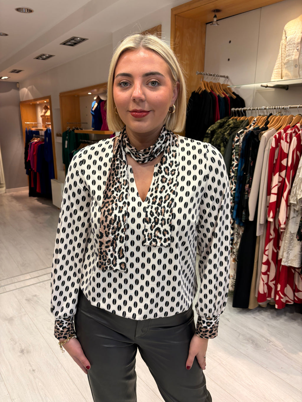 K Design White & Black Print Blouse with Animal Print Accents