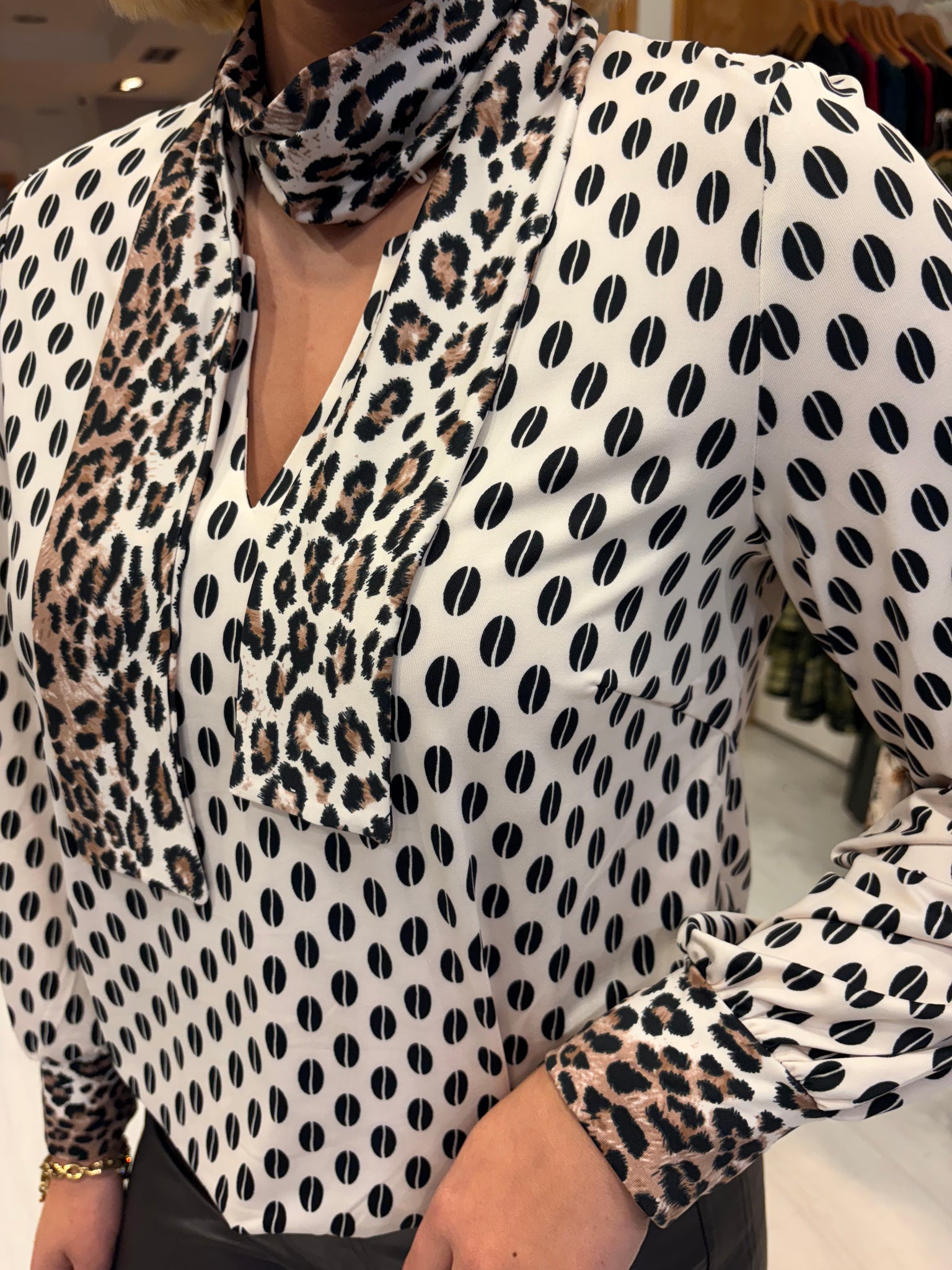 K Design White & Black Print Blouse with Animal Print Accents