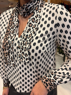 K Design White & Black Print Blouse with Animal Print Accents