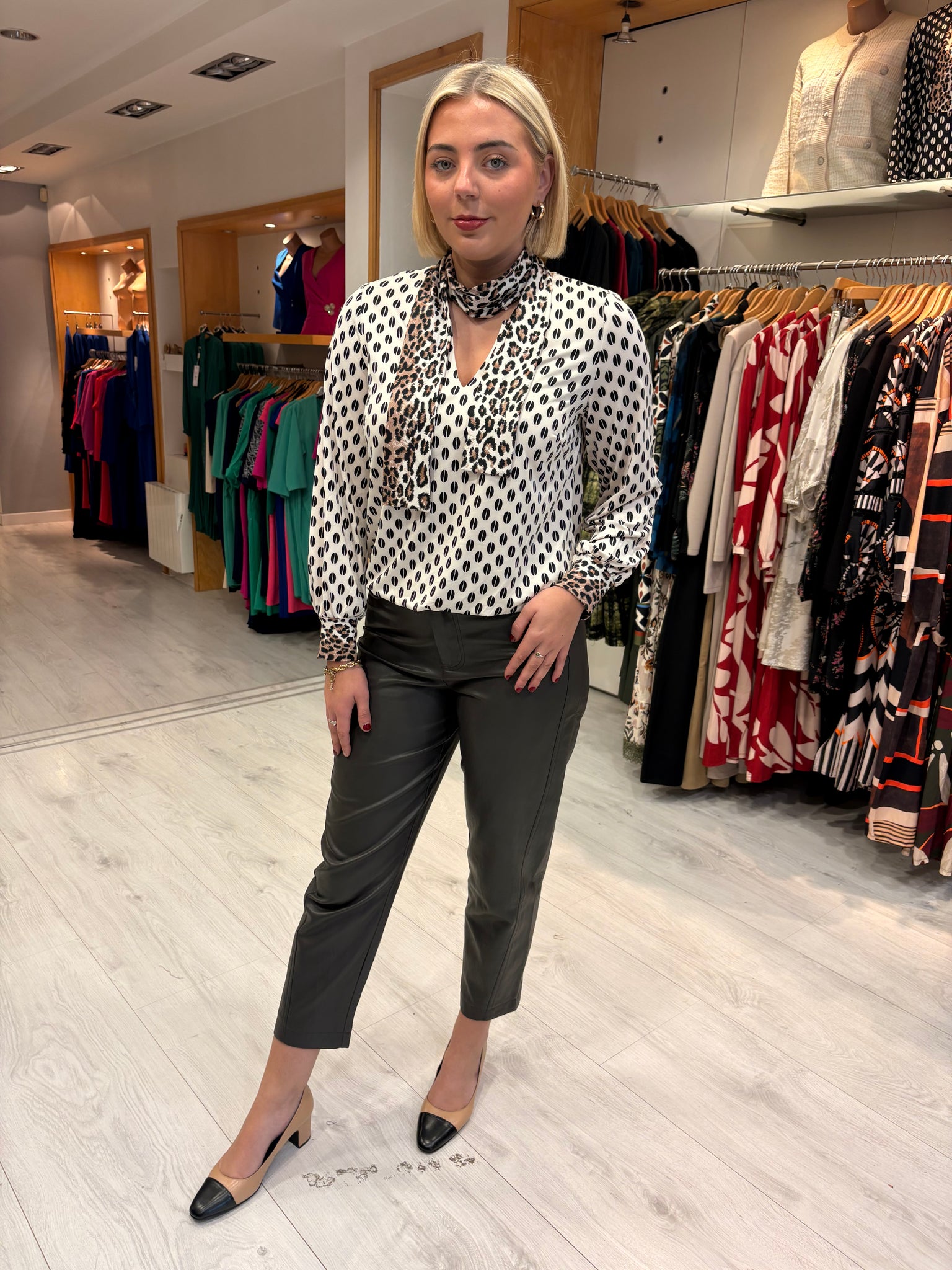 K Design White & Black Print Blouse with Animal Print Accents