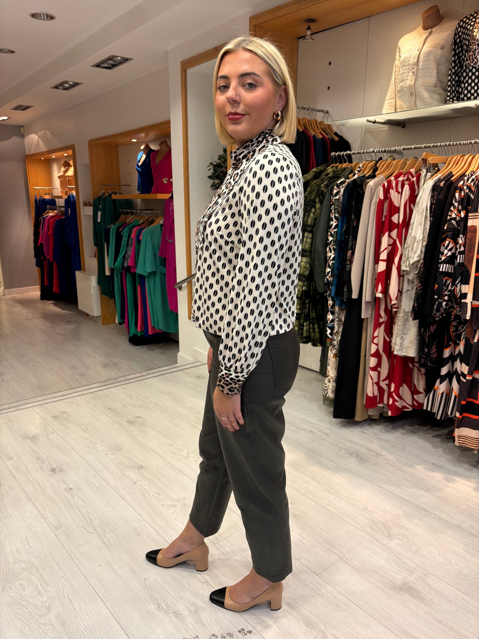 K Design White & Black Print Blouse with Animal Print Accents