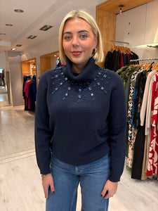 K Design Navy Embellished Polo Neck Sweater