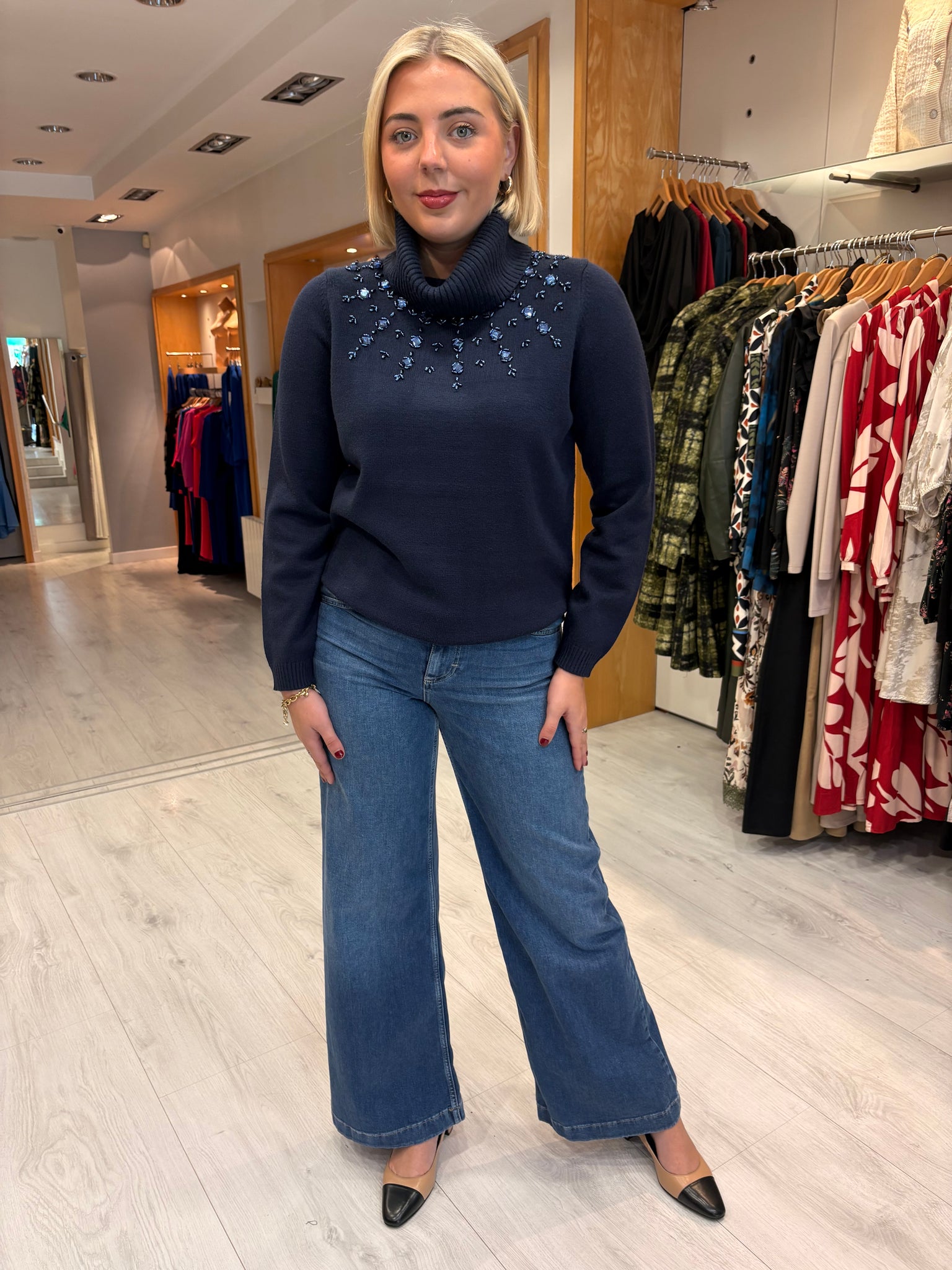 K Design Navy Embellished Polo Neck Sweater