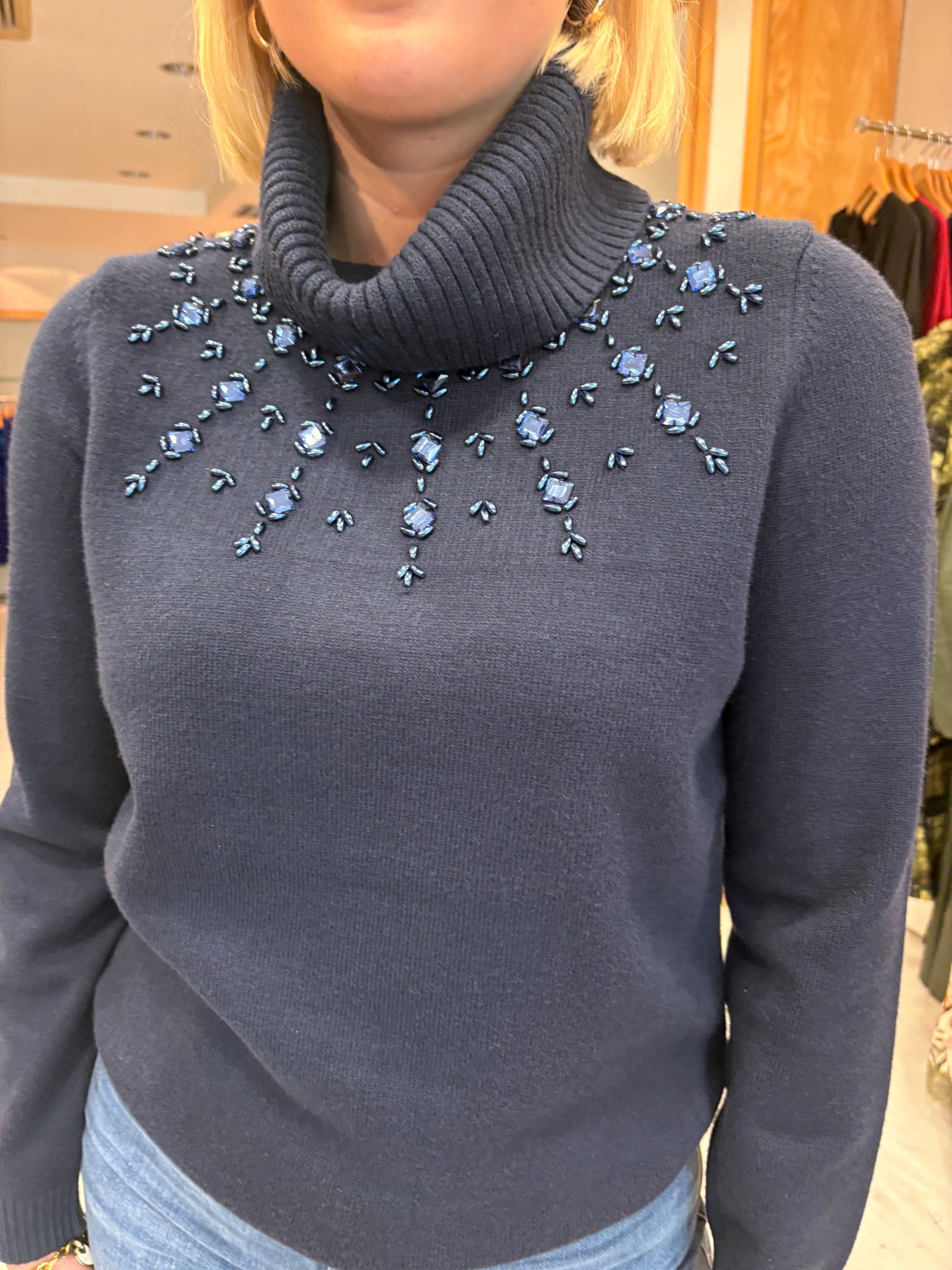 K Design Navy Embellished Polo Neck Sweater