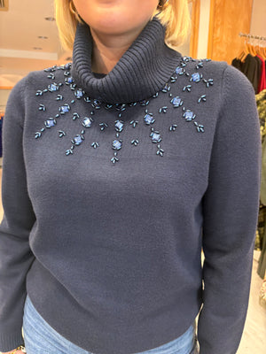 K Design Navy Embellished Polo Neck Sweater