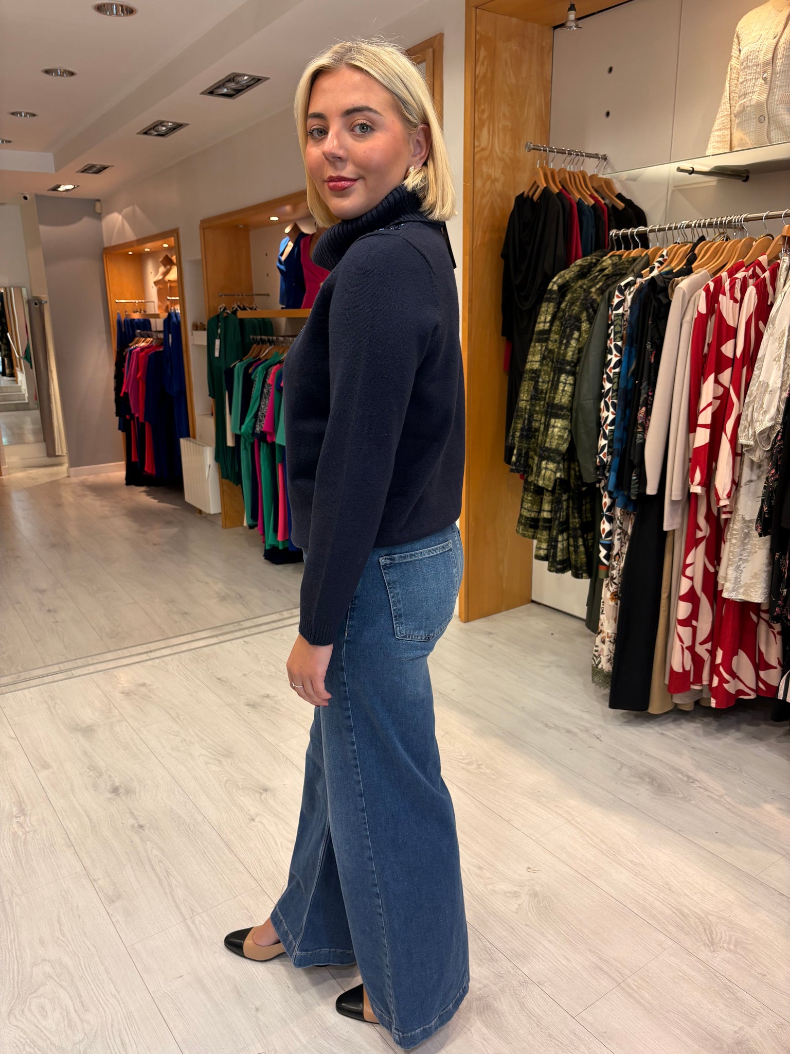 K Design Navy Embellished Polo Neck Sweater