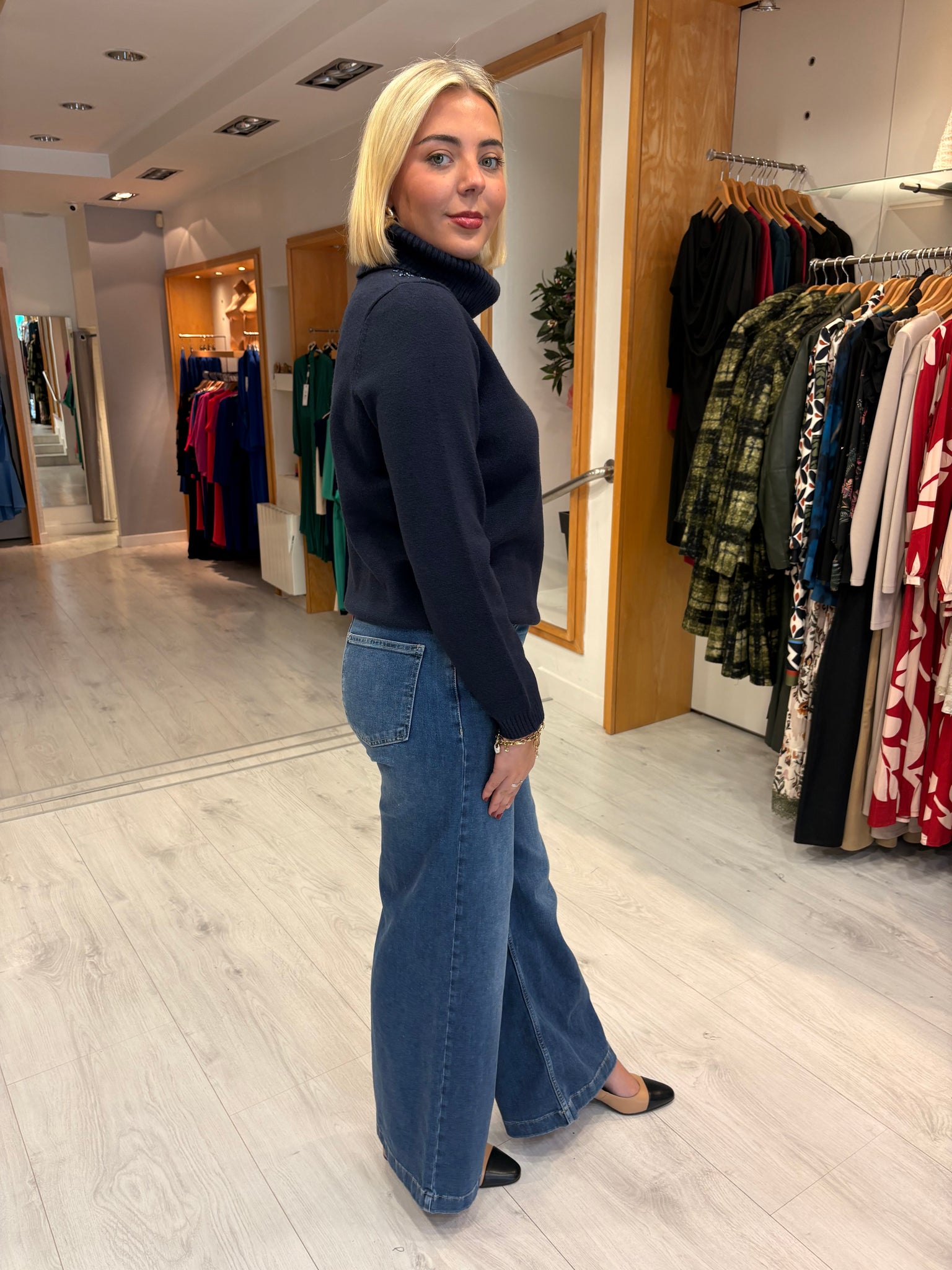 K Design Navy Embellished Polo Neck Sweater