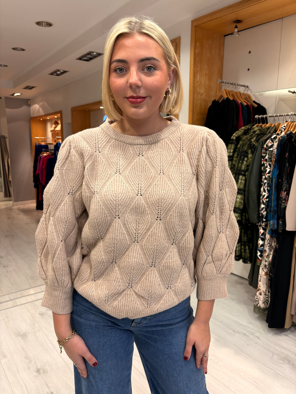 Smashed Lemon Beige Textured Knit Sweater
