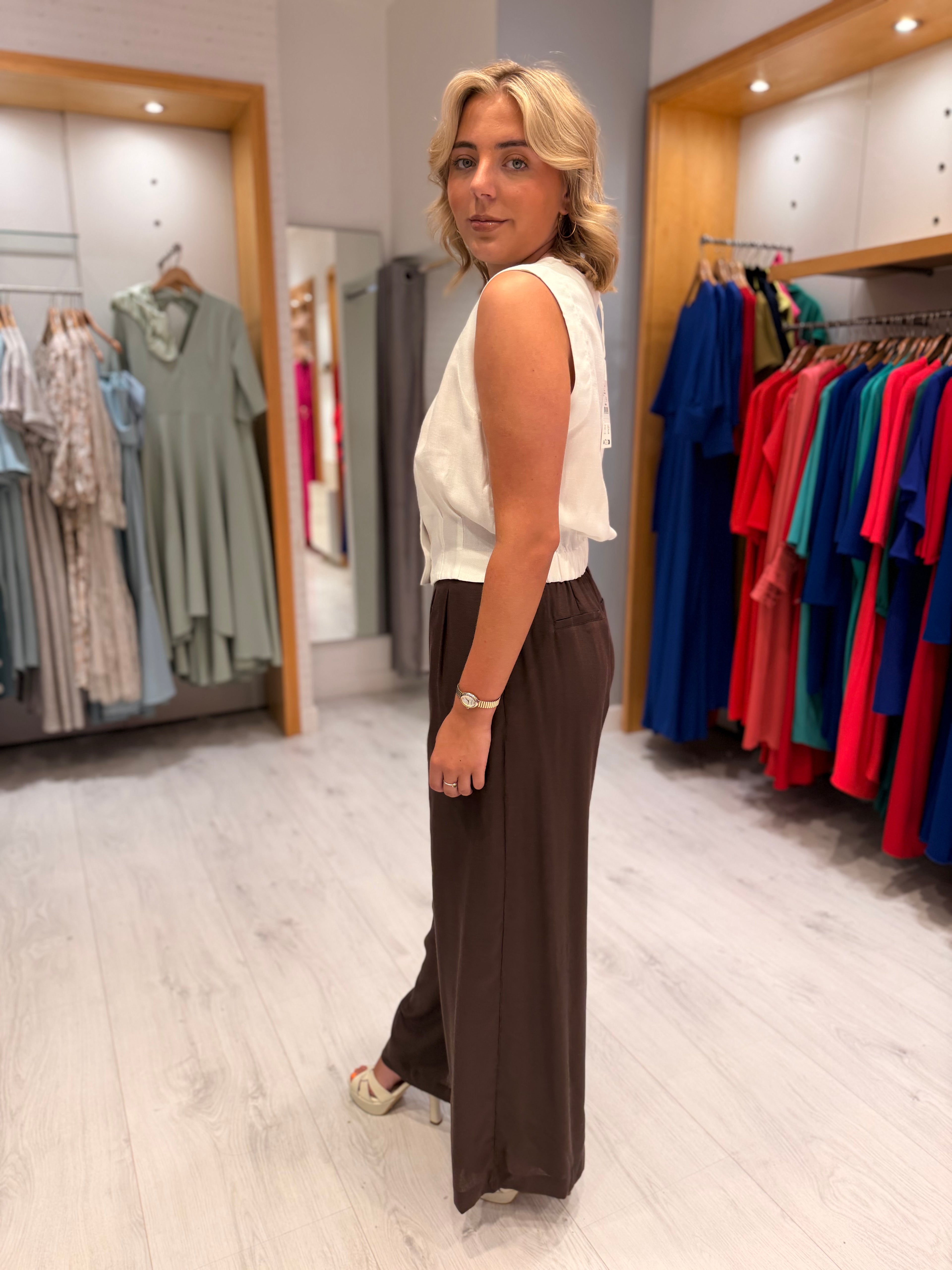 Yaya Chocolate Brown Wide Leg Trousers