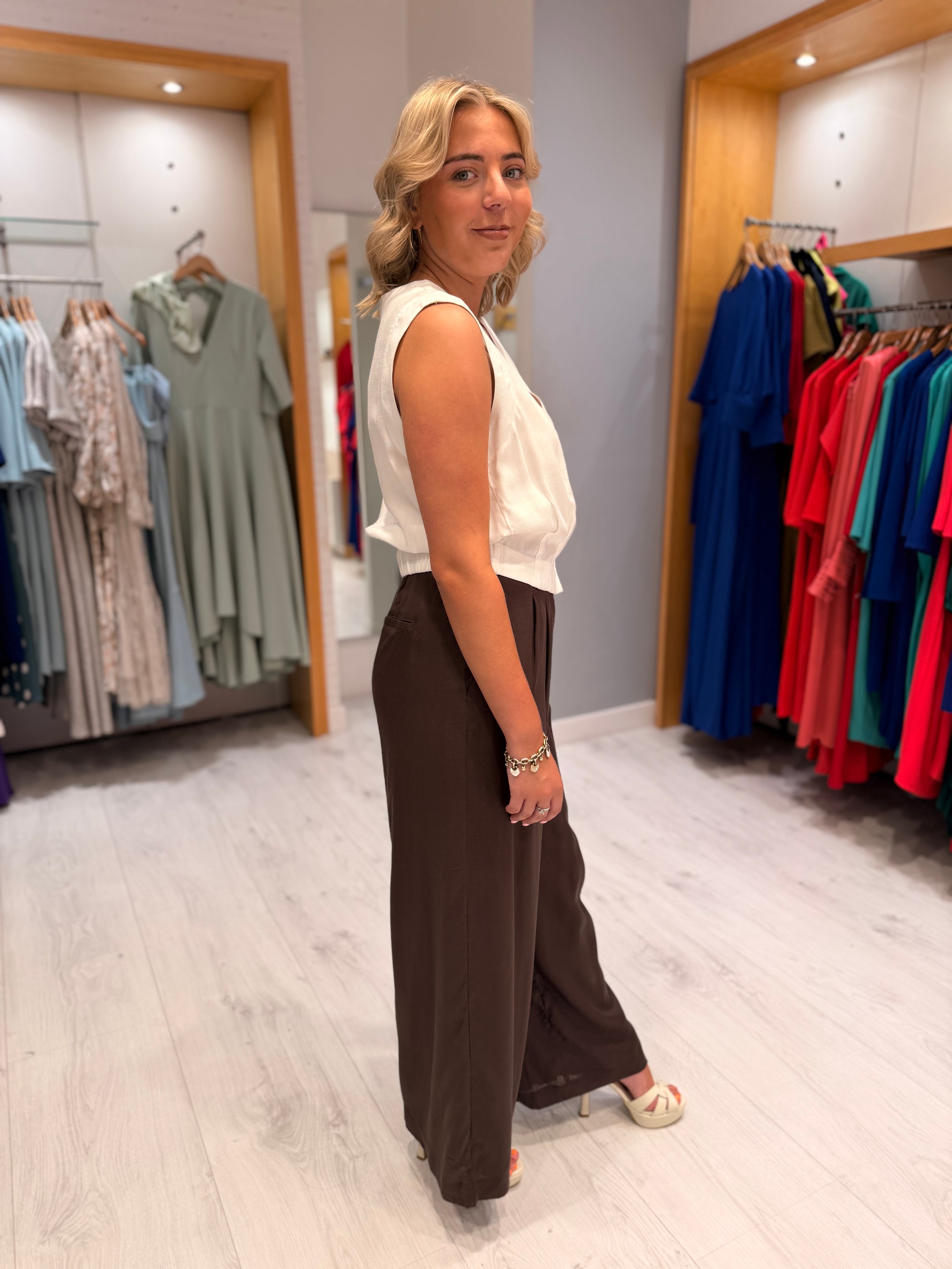 Yaya Chocolate Brown Wide Leg Trousers