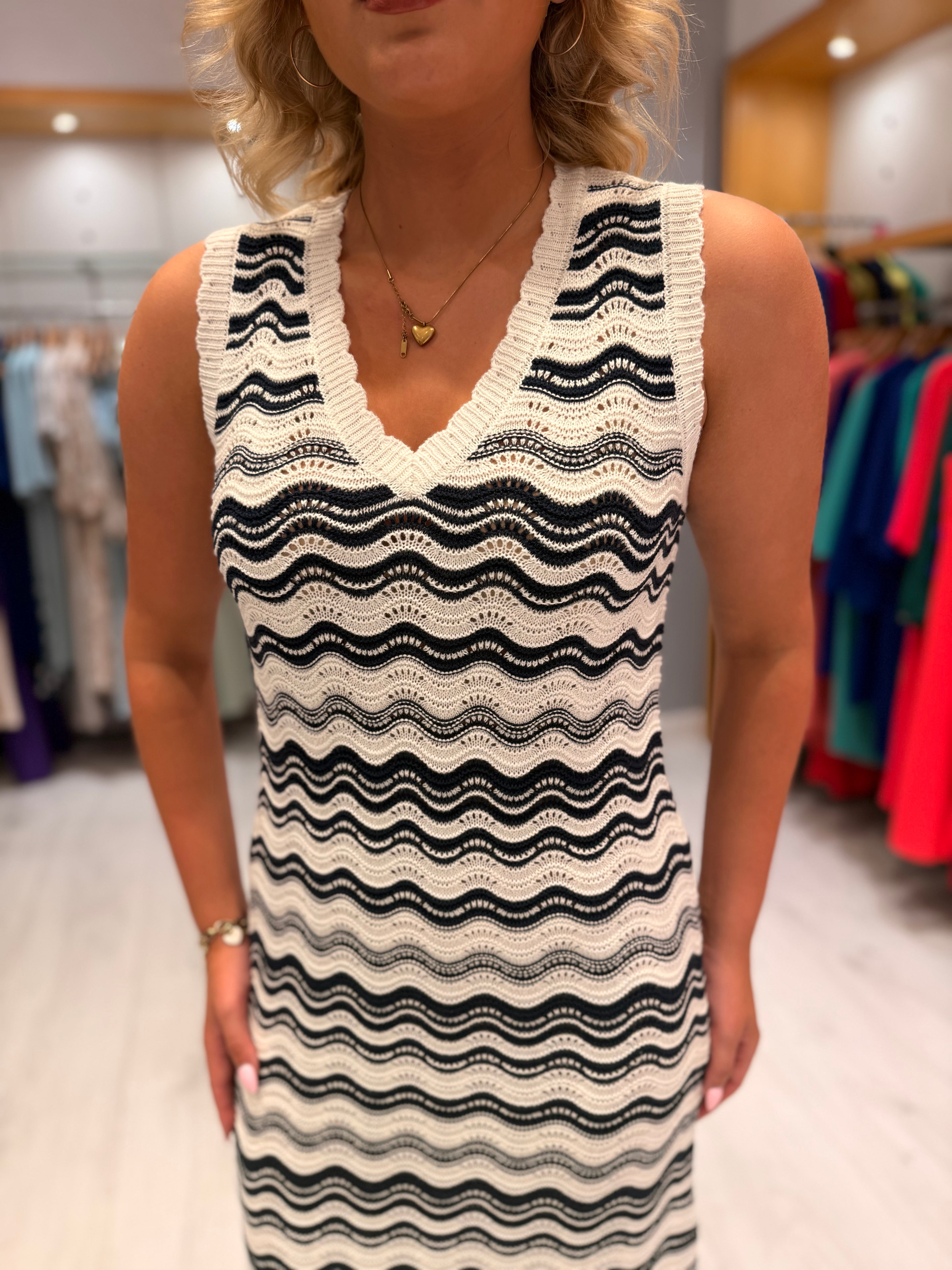 Kaffe Navy and White Knit Dress