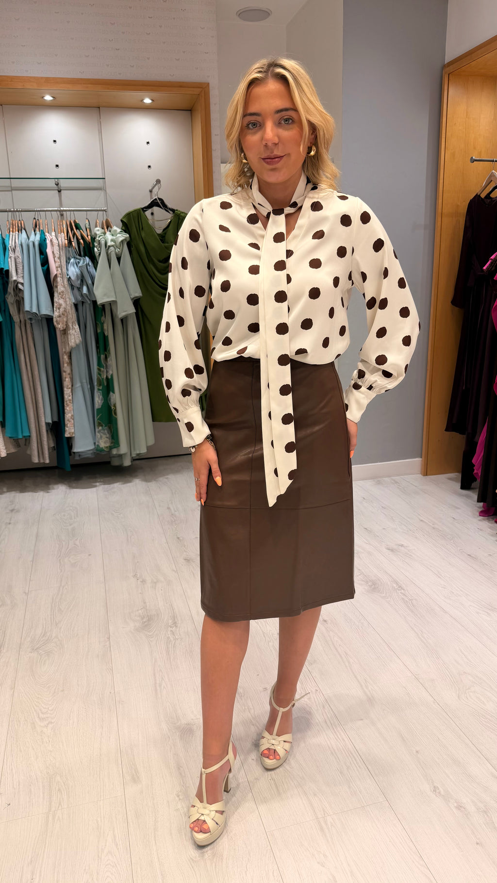 Polka Dot Tie-Neck Blouse