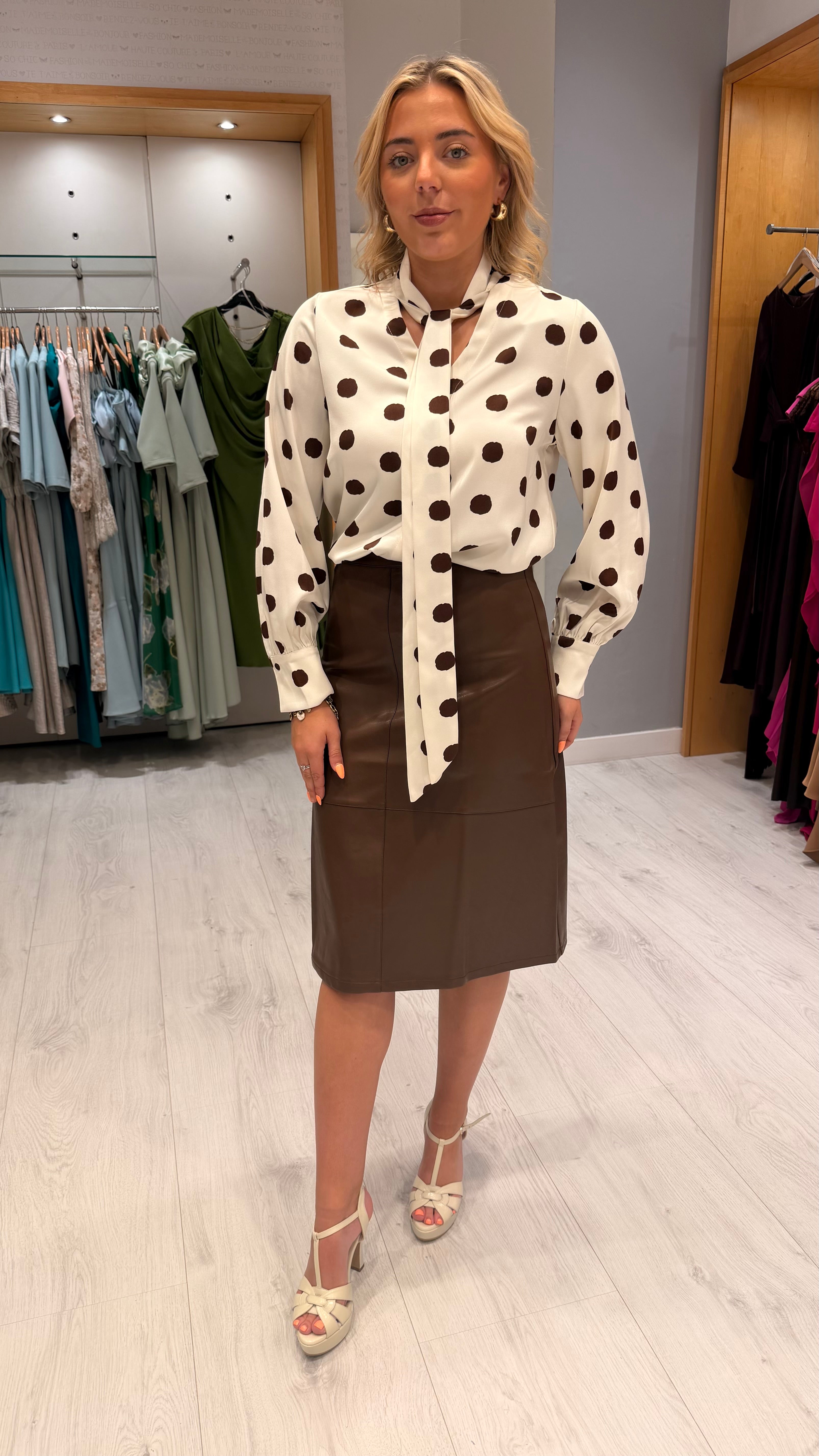 Polka Dot Tie-Neck Blouse