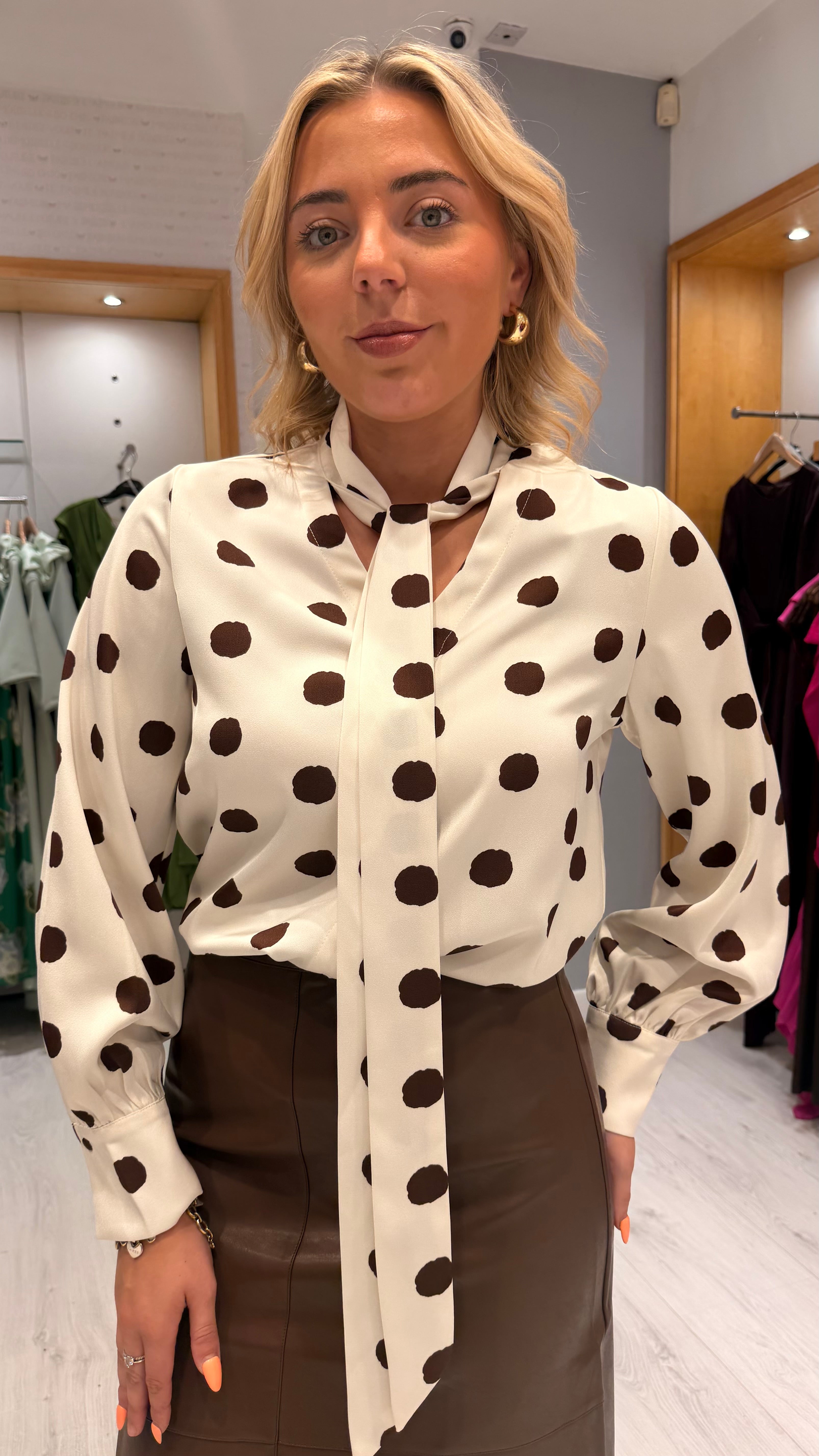 Polka Dot Tie-Neck Blouse