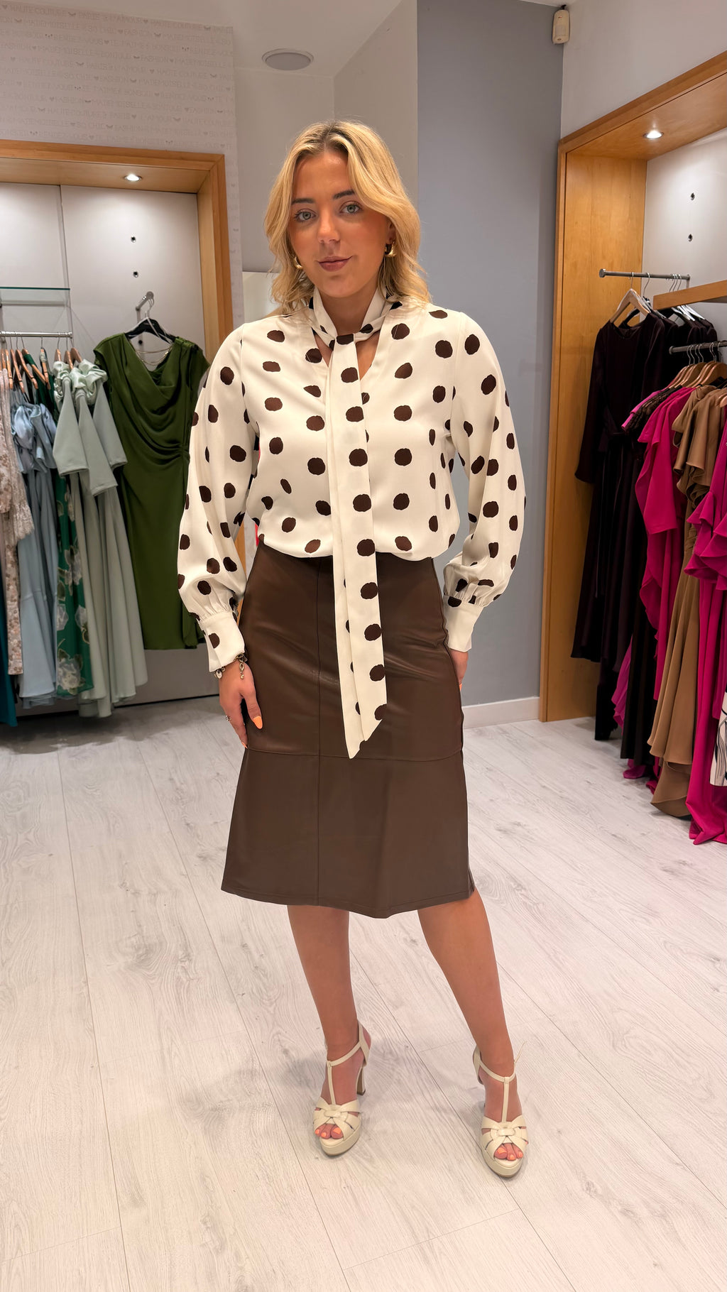 Polka Dot Tie-Neck Blouse