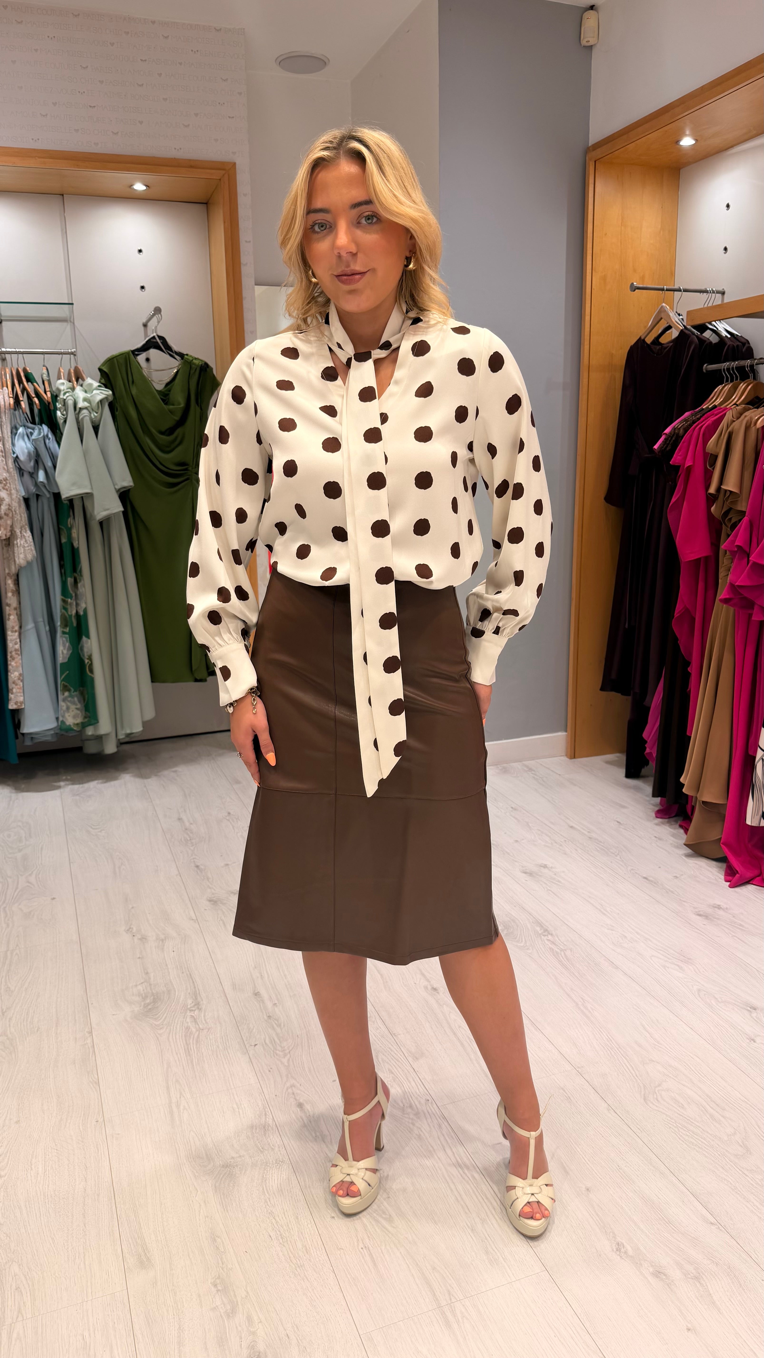 Polka Dot Tie-Neck Blouse