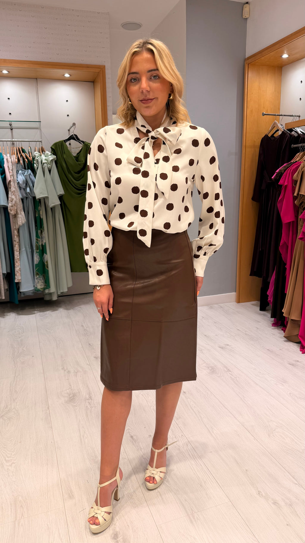 Polka Dot Tie-Neck Blouse