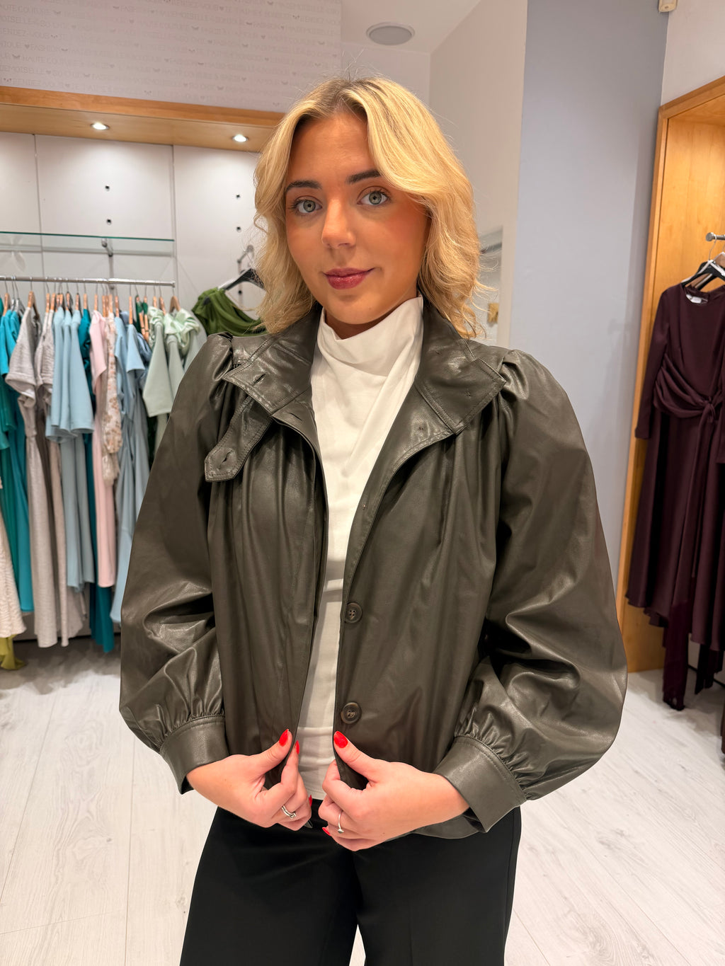 St Tropez Khaki Faux Leather Jacket