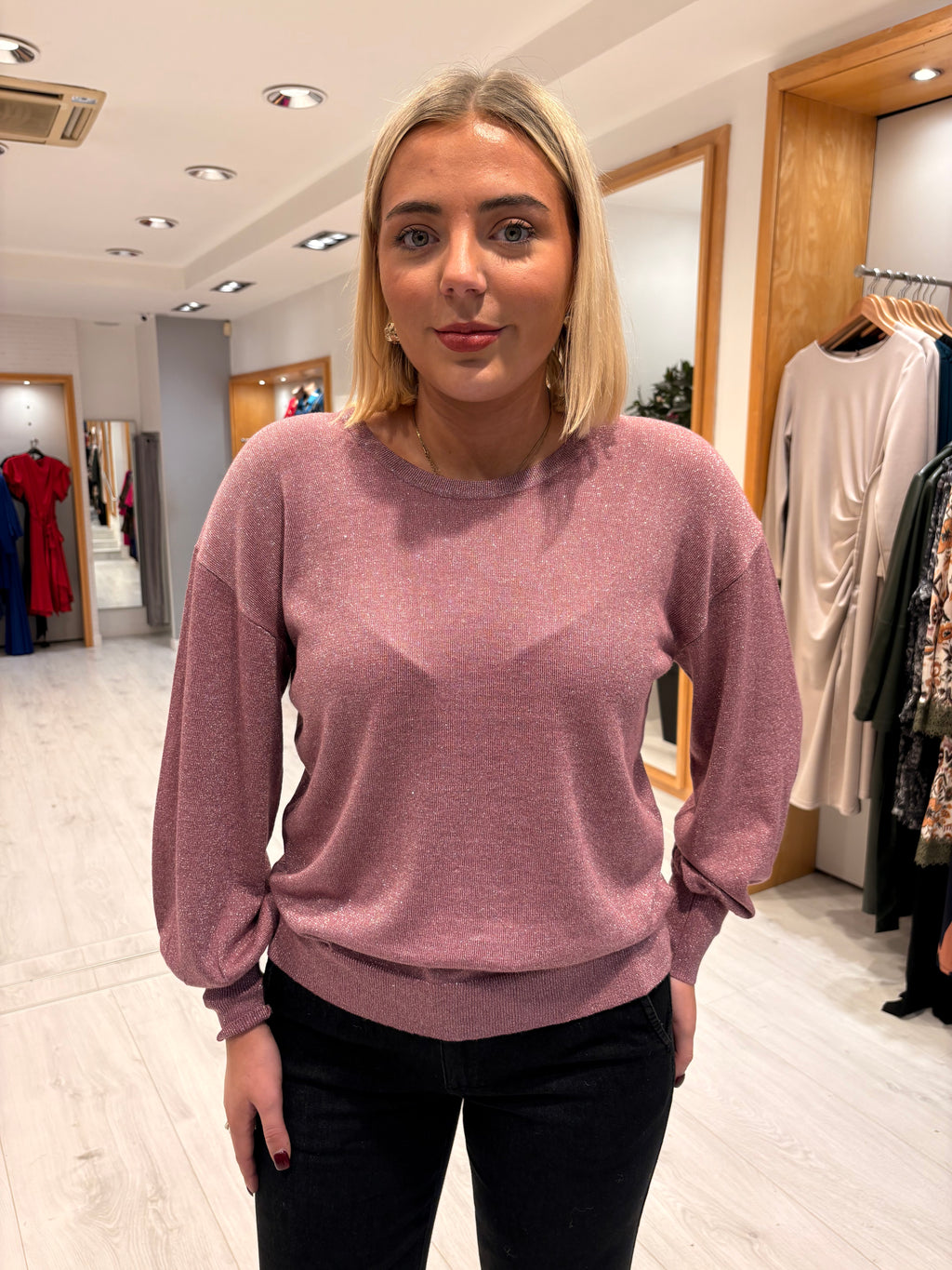 Kaffe Metallic Puff Sleeve Knit Top