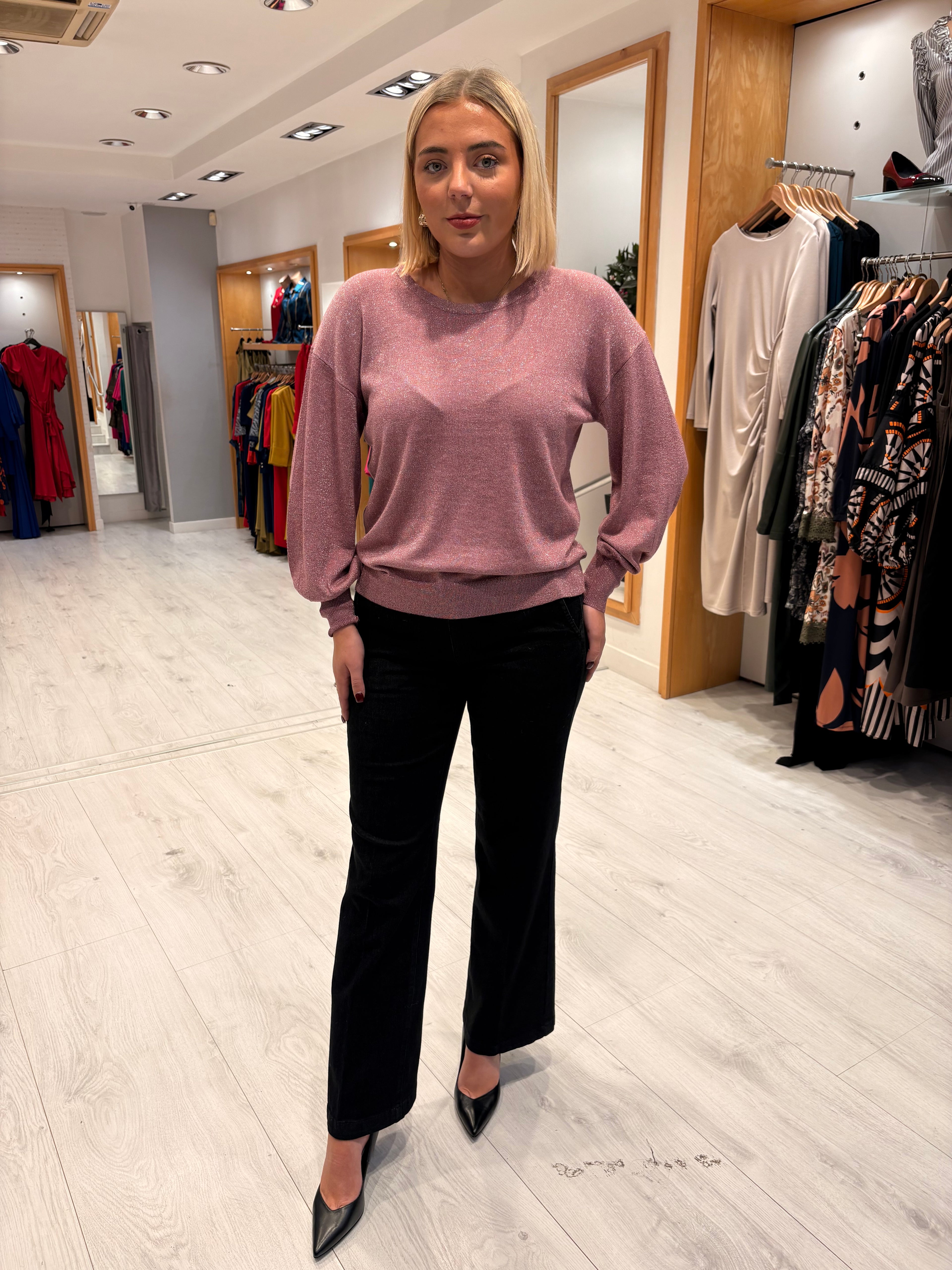 Kaffe Metallic Puff Sleeve Knit Top