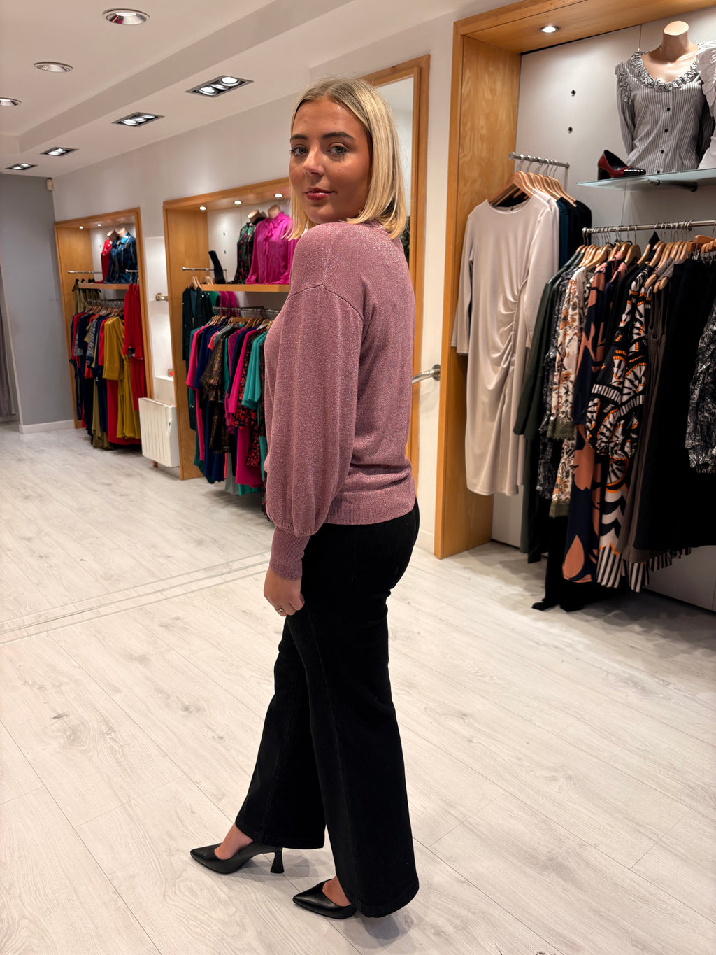 Kaffe Metallic Puff Sleeve Knit Top