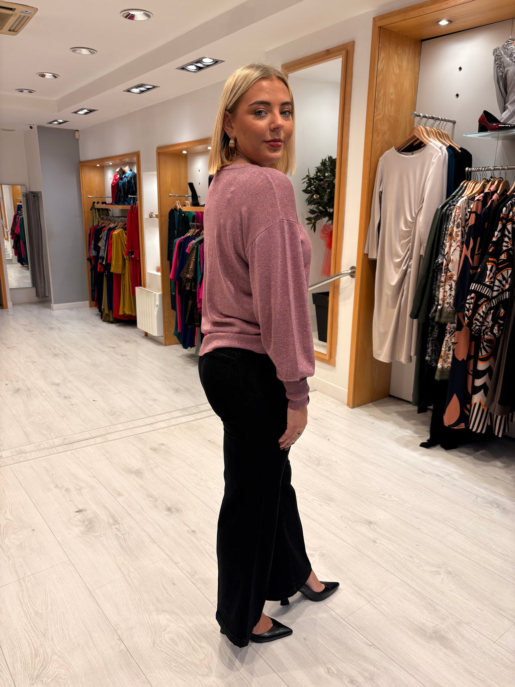 Kaffe Metallic Puff Sleeve Knit Top