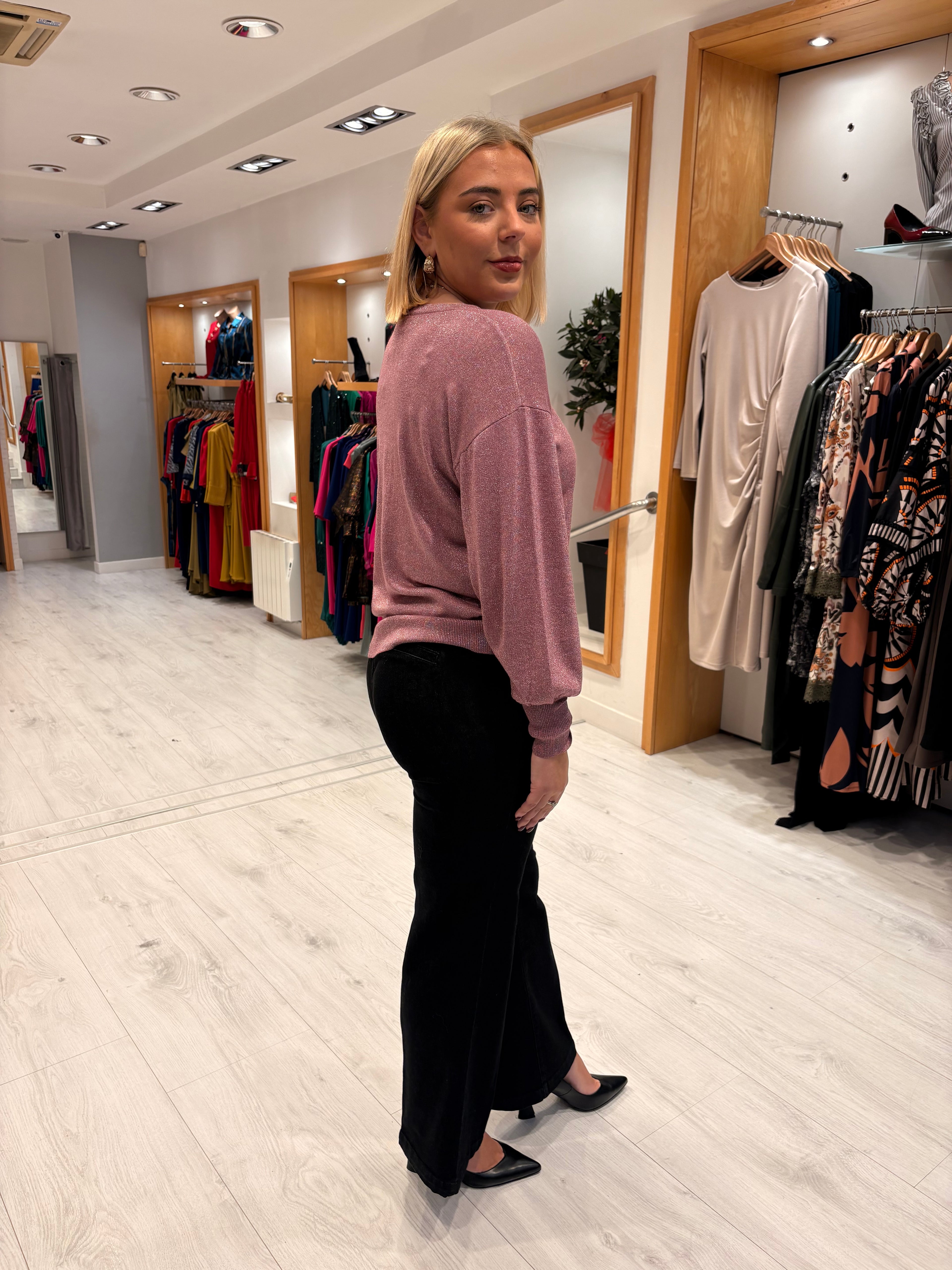 Kaffe Metallic Puff Sleeve Knit Top