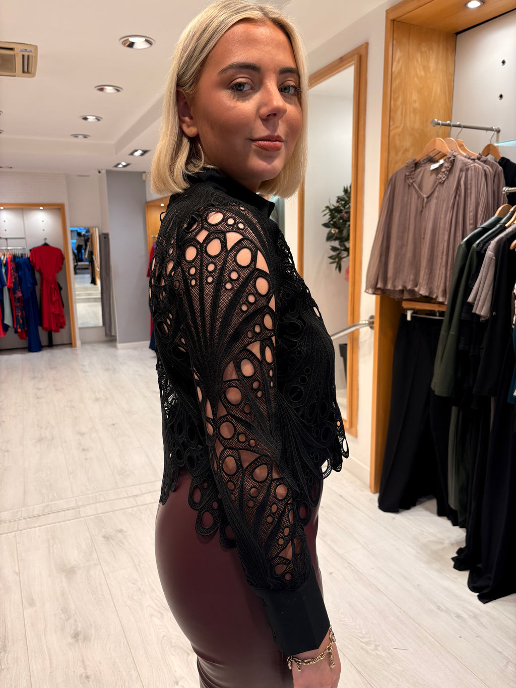 Saint Tropez Black Cut-Out Lace Statement Blouse