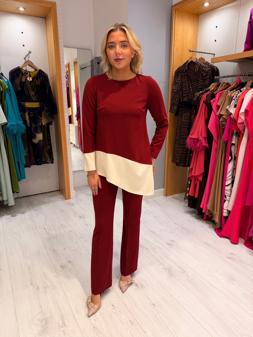 Arggido Burgundy & Cream Two-Piece Set