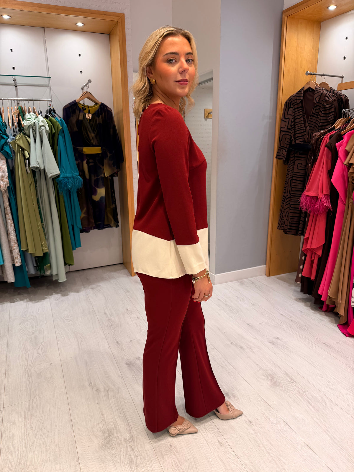 Arggido Burgundy & Cream Two-Piece Set
