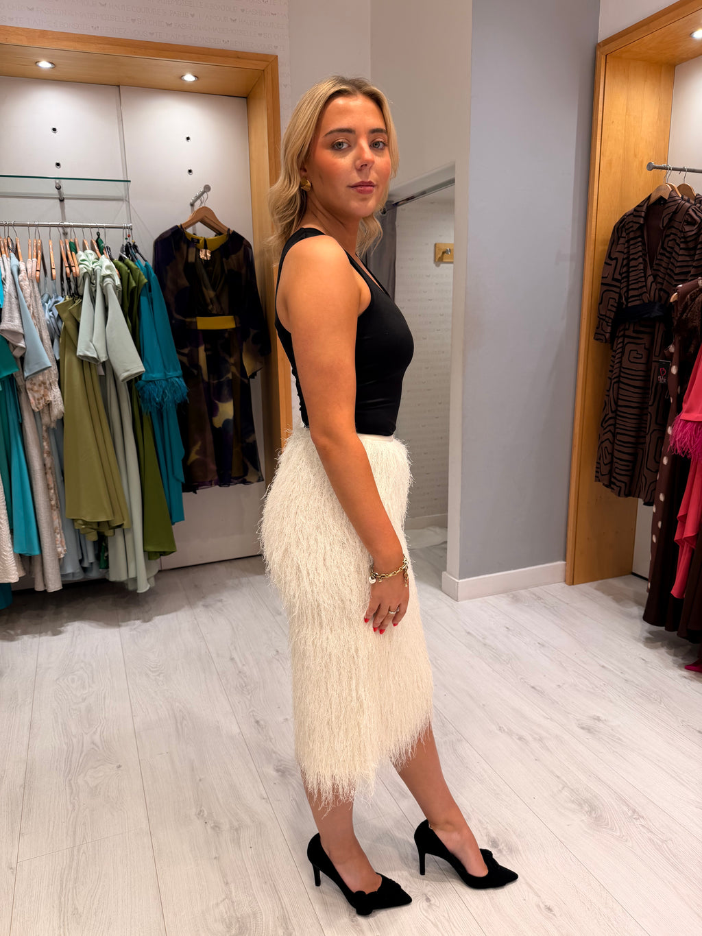 Soaked Cream Faux Fur Midi Skirt
