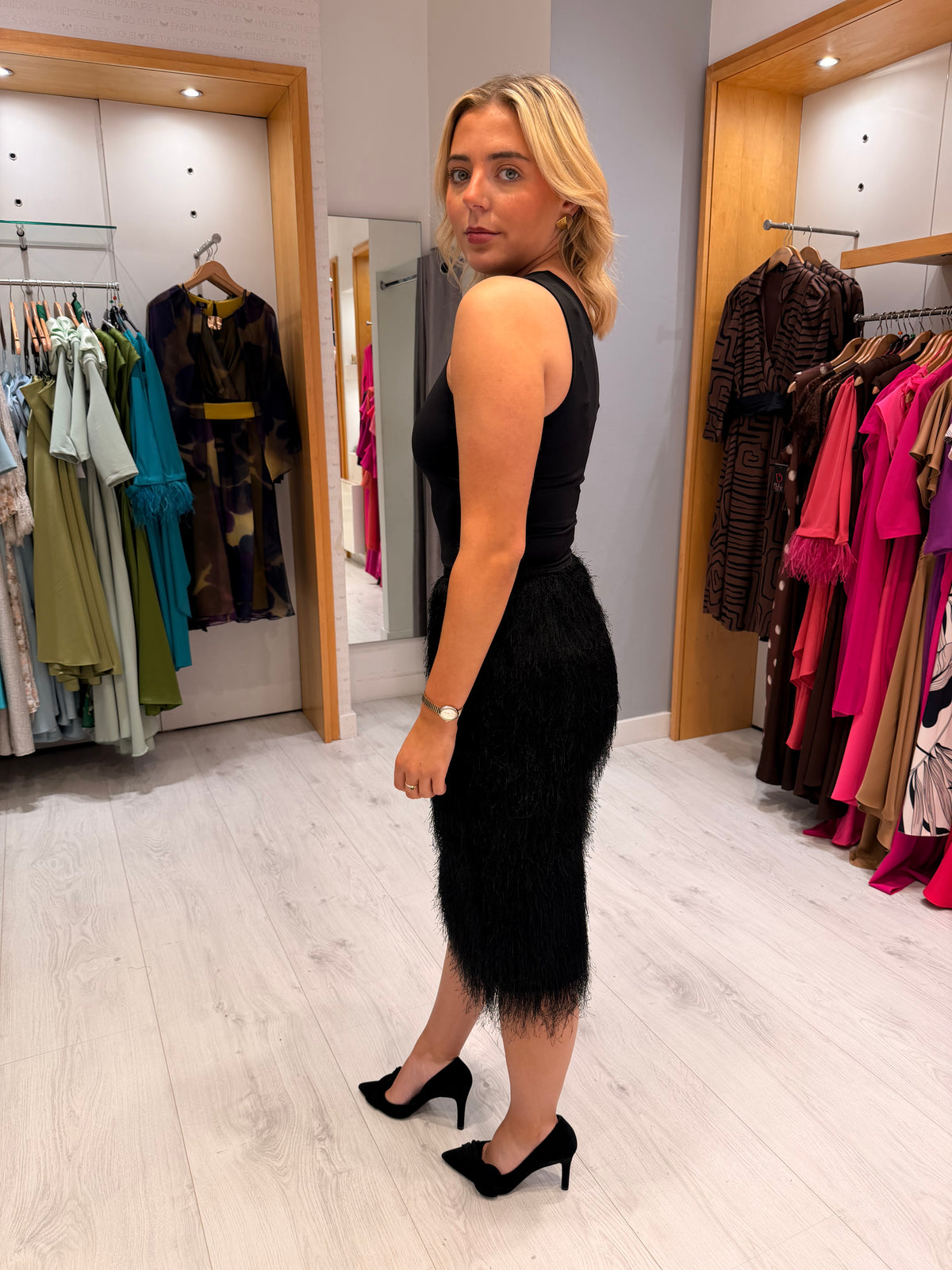 Soaked Black Faux Fur Midi Skirt