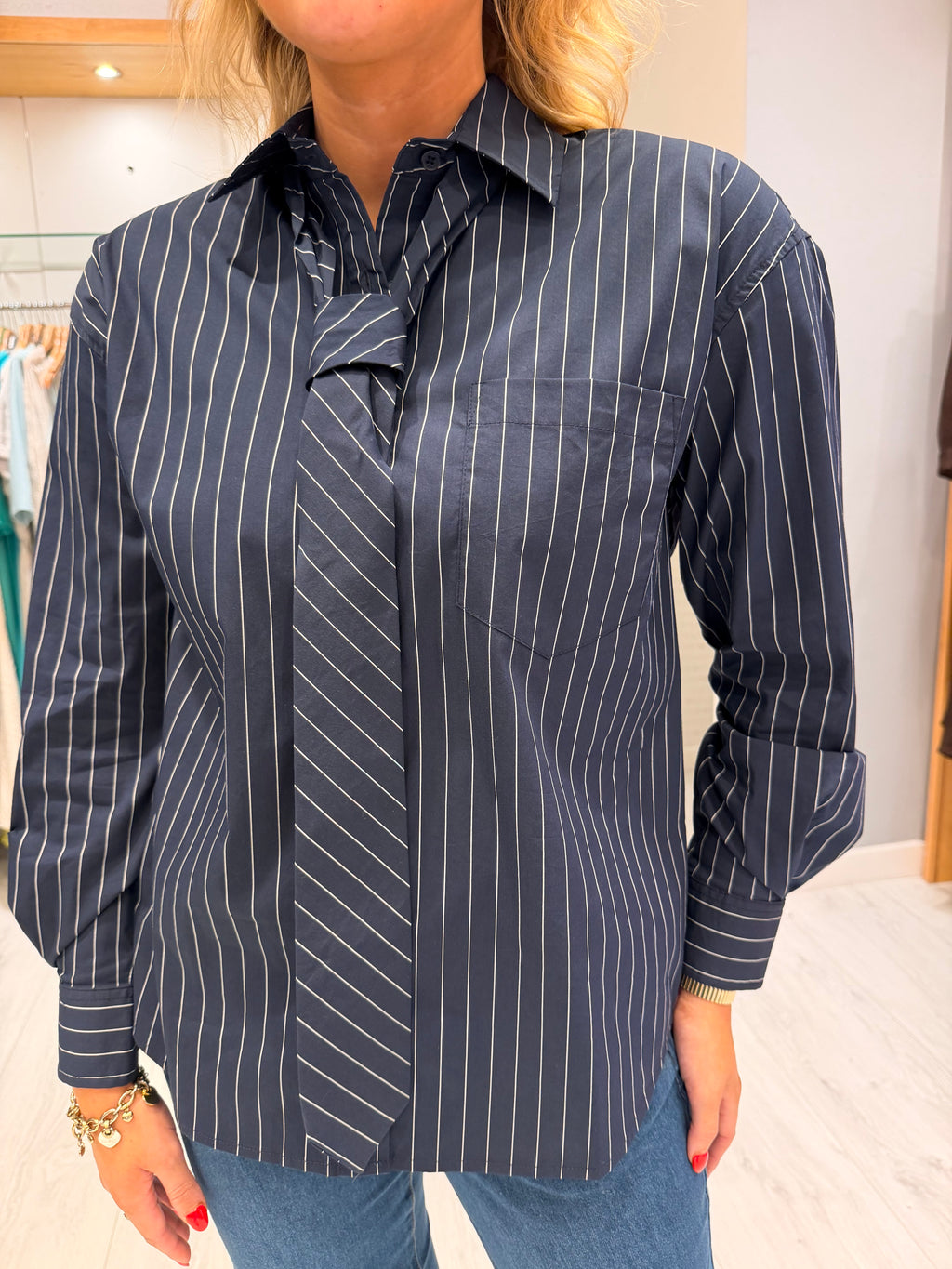 K Design Navy Pinstripe Tie Shirt