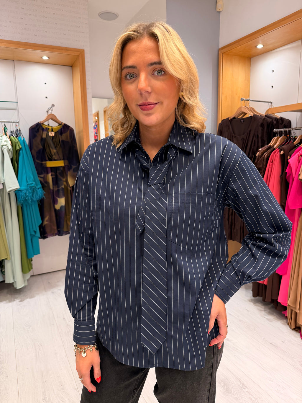 K Design Navy Pinstripe Tie Shirt