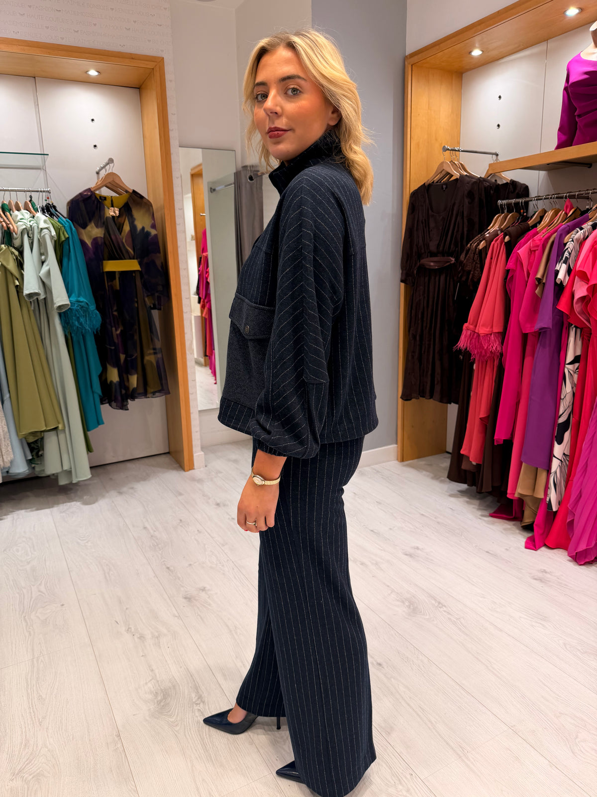 K Design Navy Pinstripe Wide-Leg Trousers