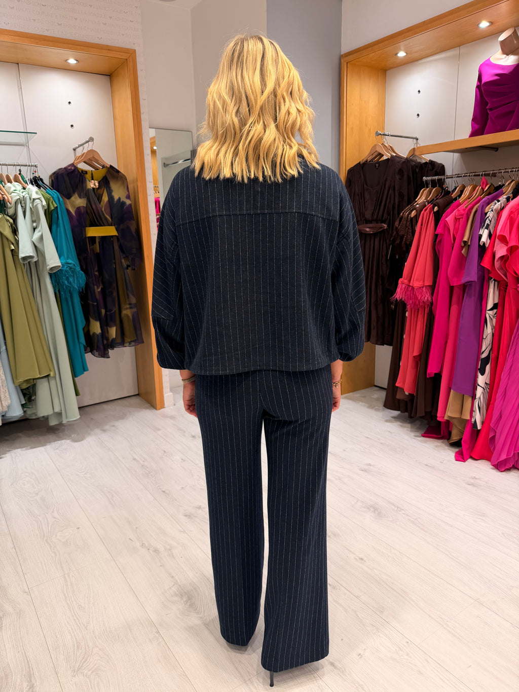 K Design Navy Pinstripe Wide-Leg Trousers