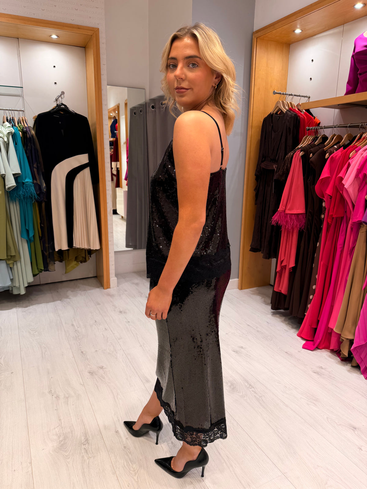 Kaffe Black Sequin Midi Skirt