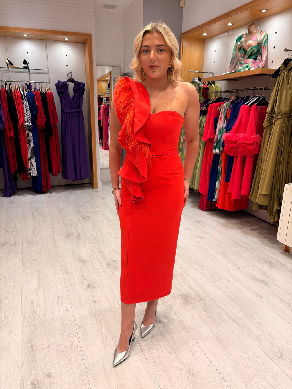 Moncho Heredia Orange Feather Ruffle Dress