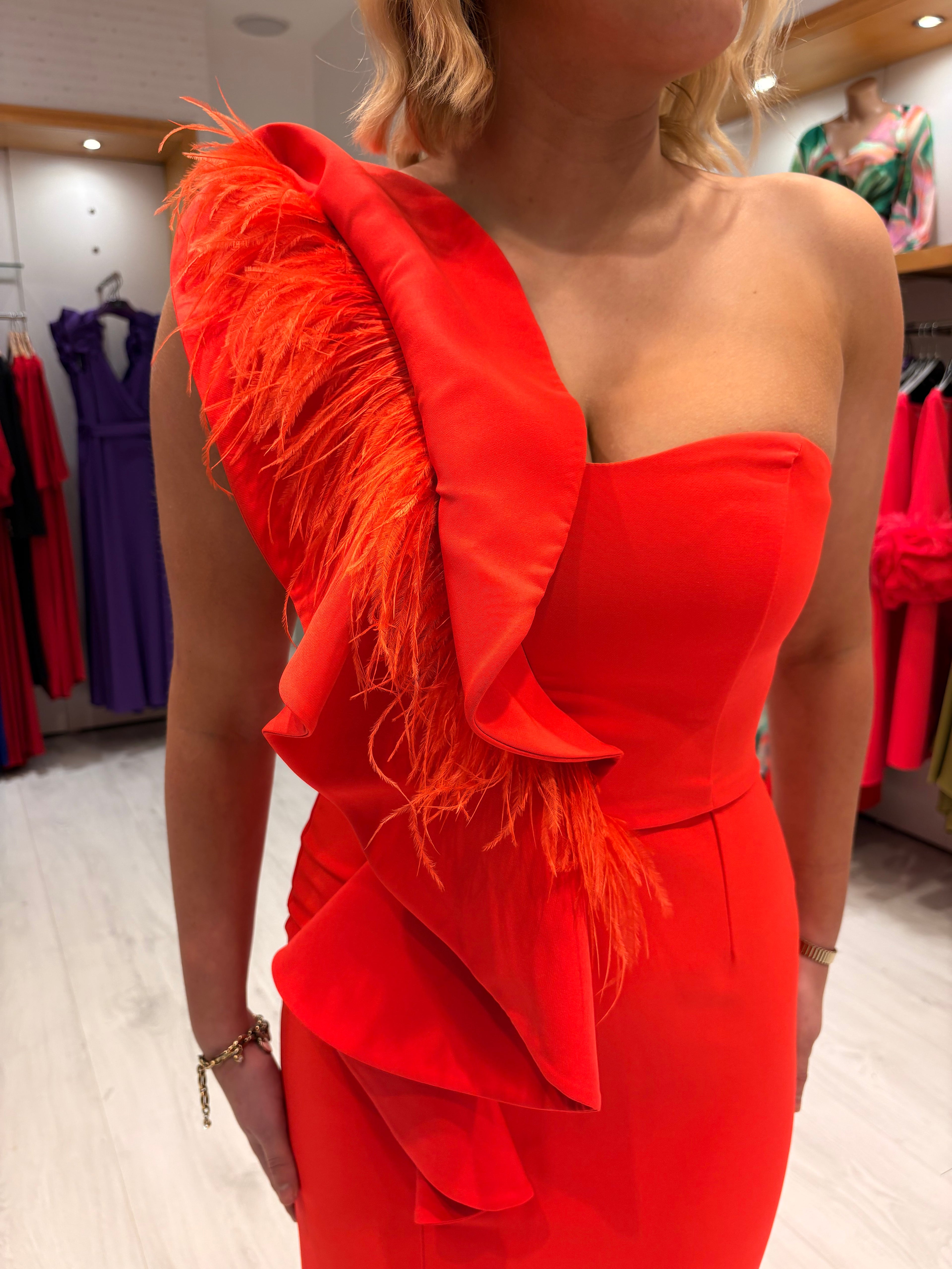 Moncho Heredia Orange Feather Ruffle Dress