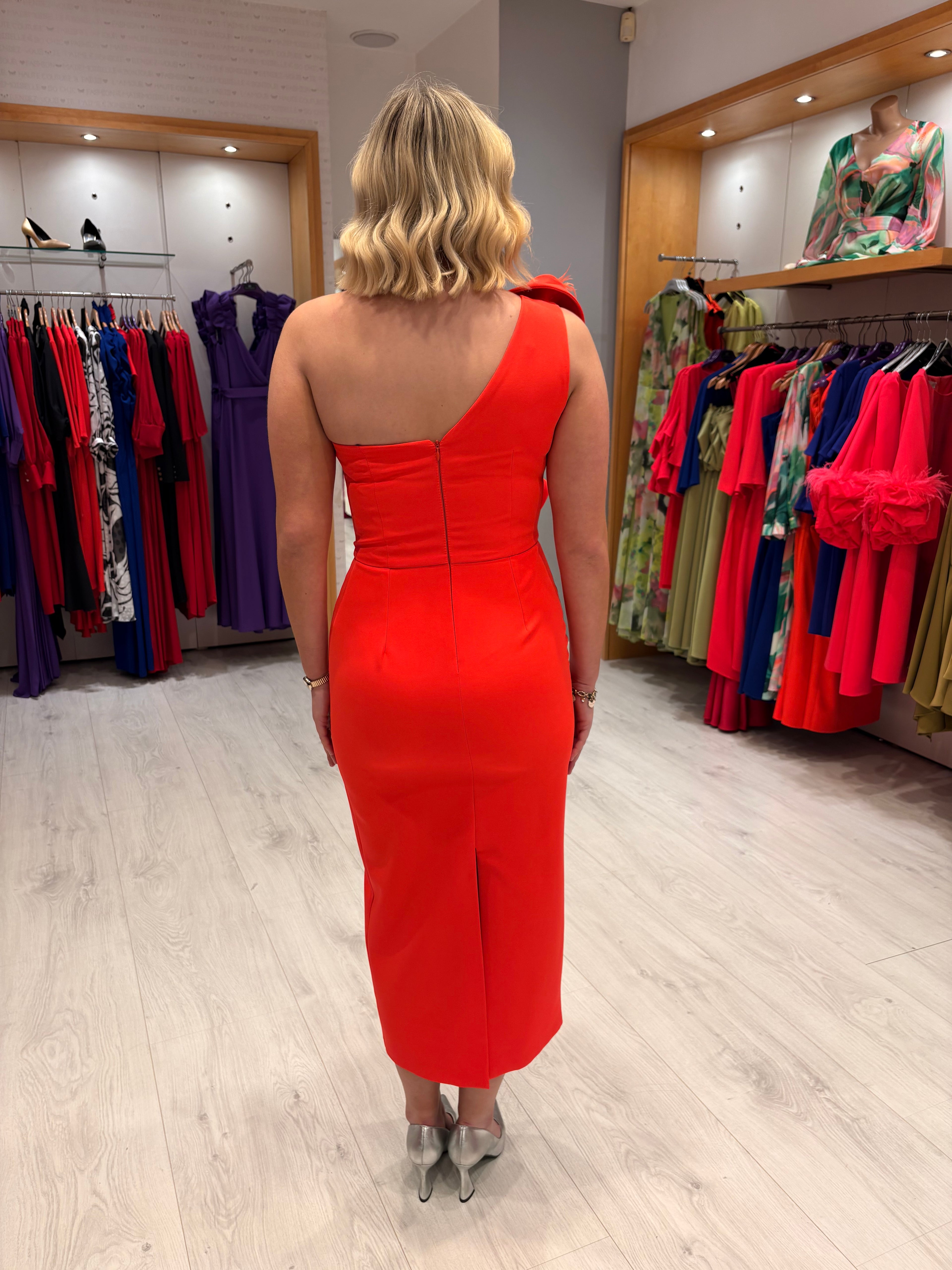 Moncho Heredia Orange Feather Ruffle Dress