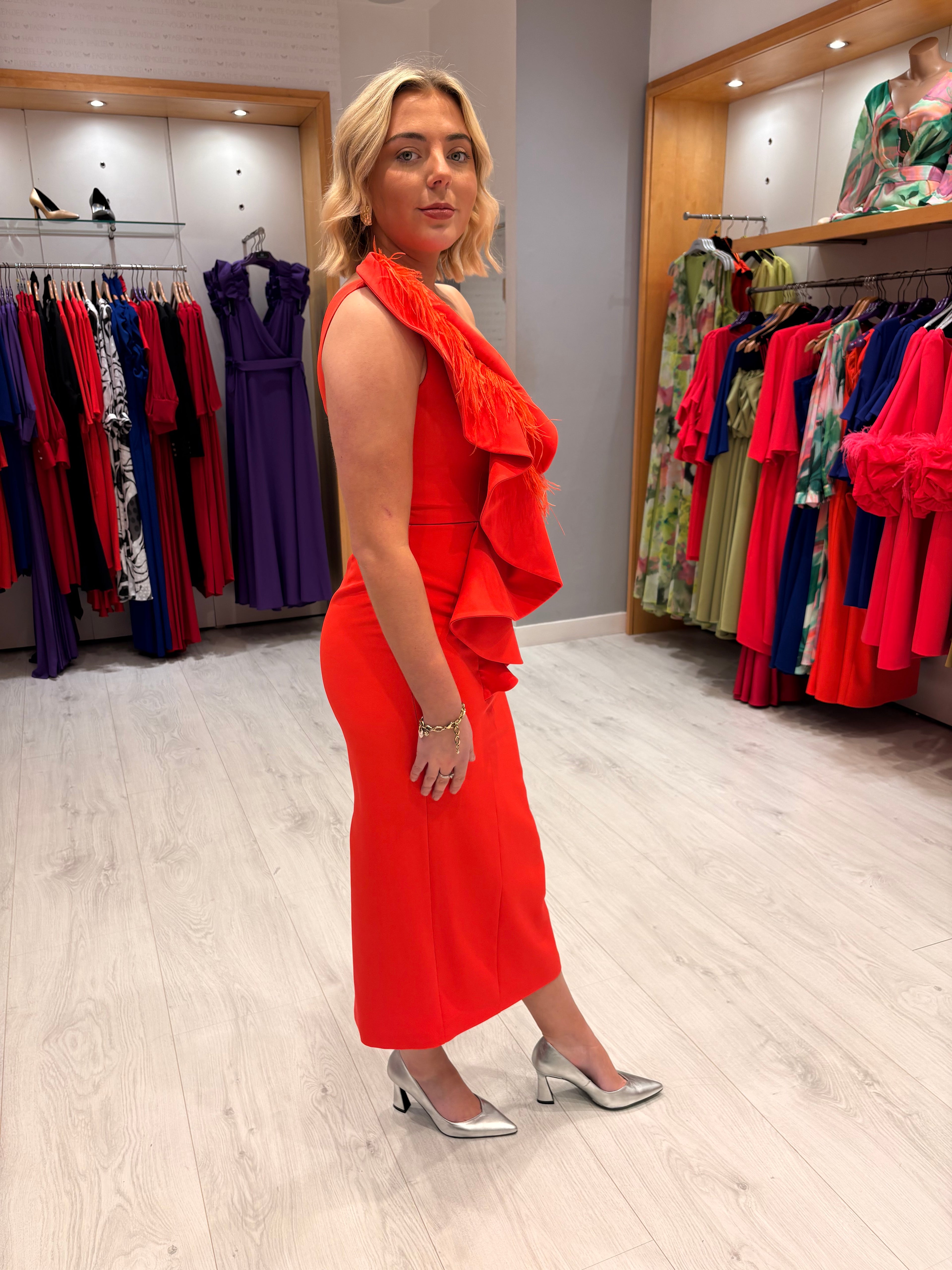 Moncho Heredia Orange Feather Ruffle Dress
