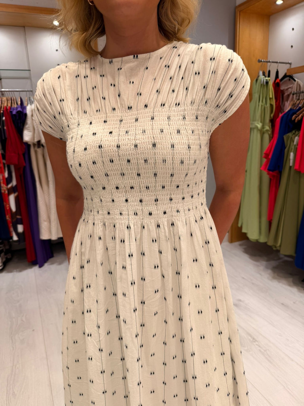 Soaked Polka Dot Ruched Dress