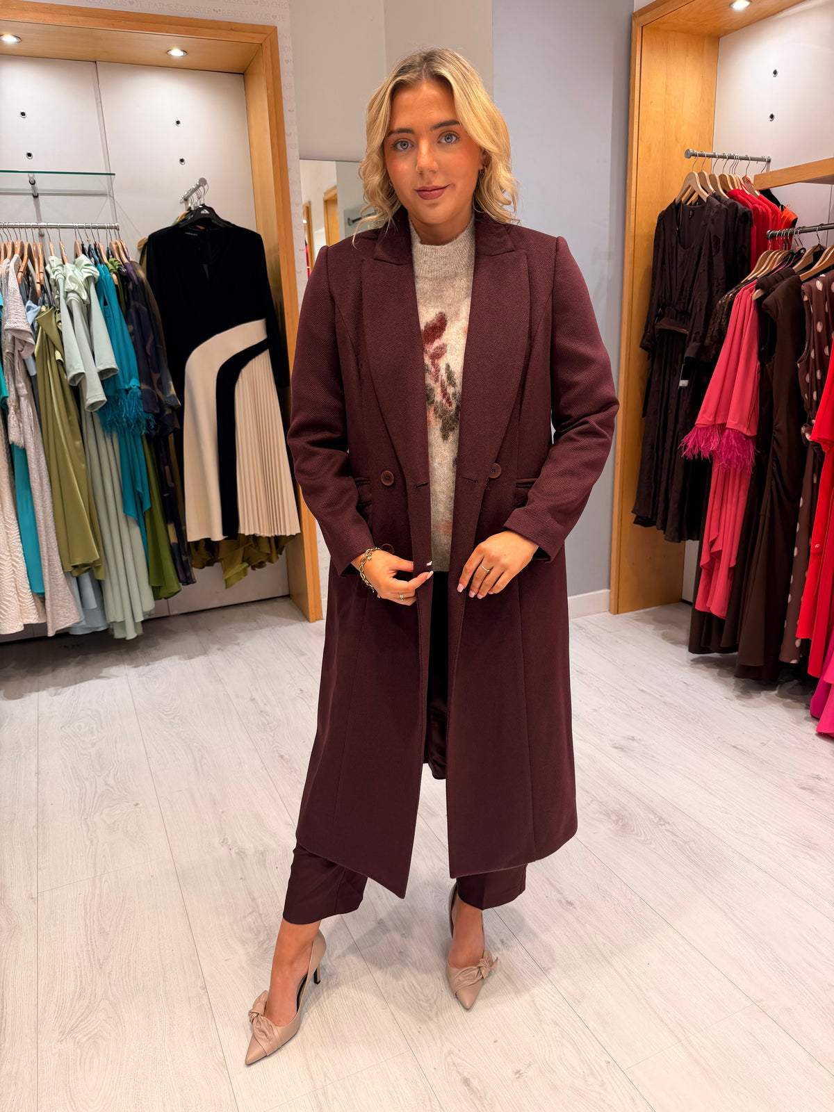 Arggido Burgundy Double-Breasted Long Coat
