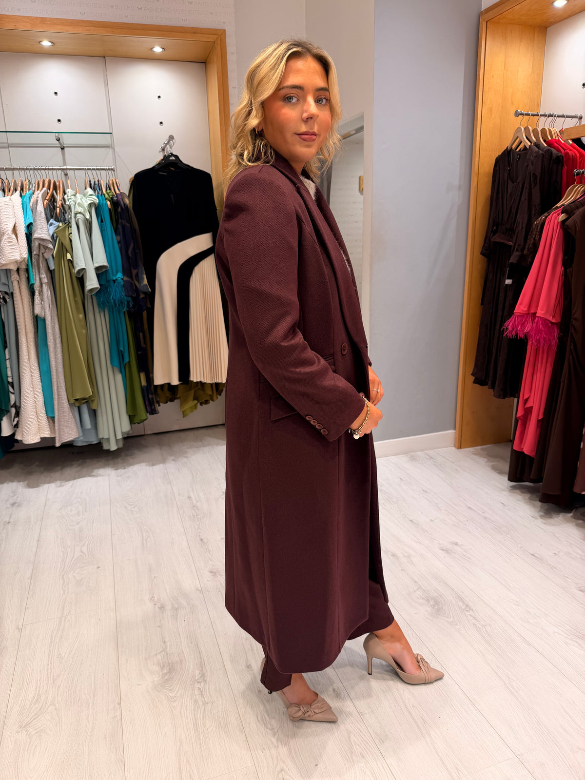 Arggido Burgundy Double-Breasted Long Coat