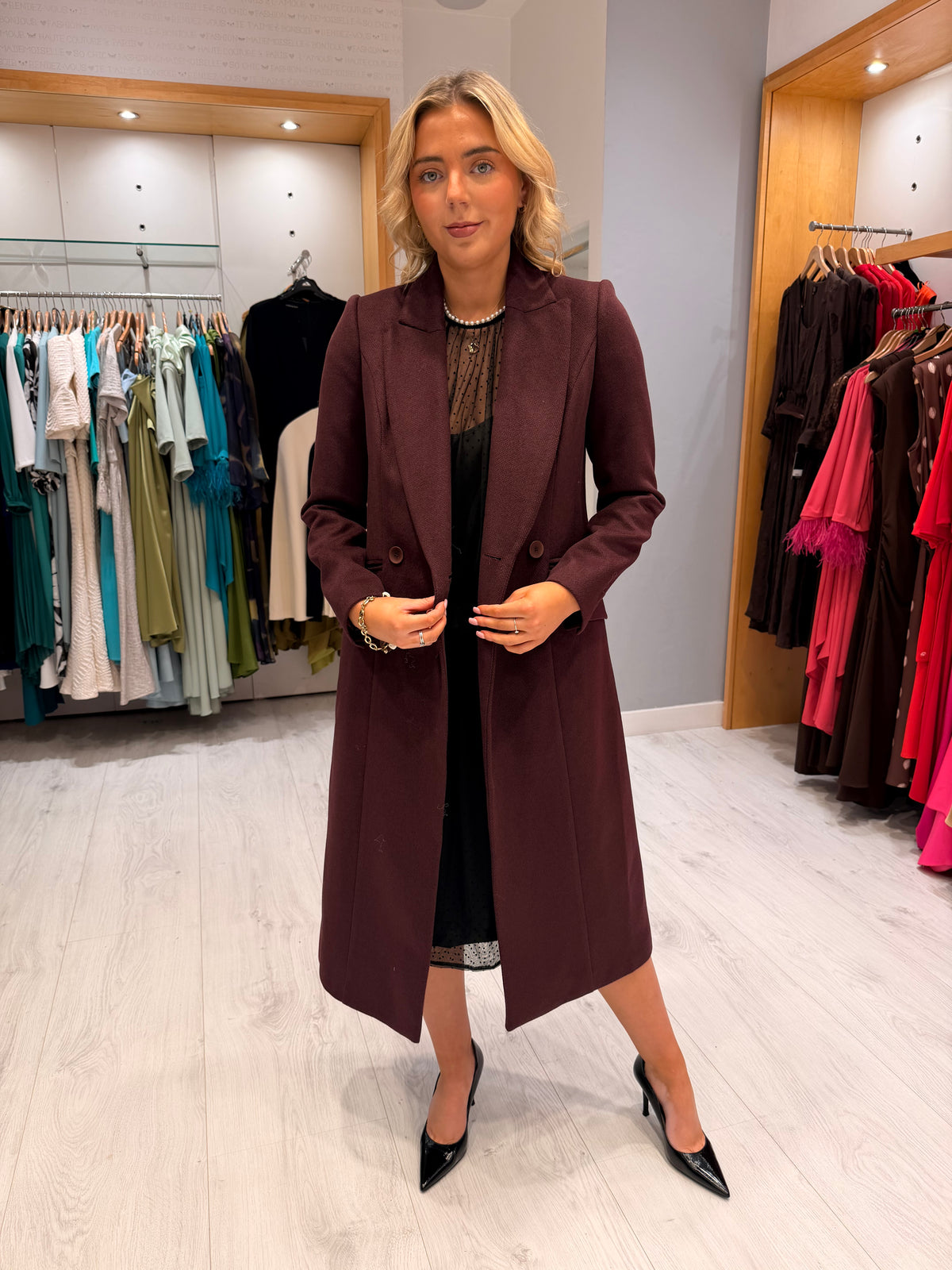 Arggido Burgundy Double-Breasted Long Coat