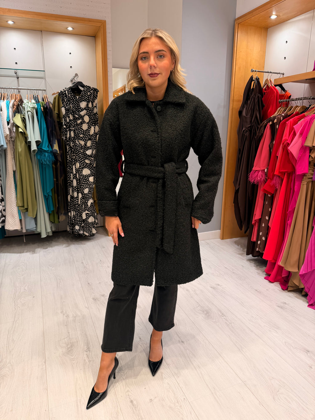 Smashed Lemon Black Belted Textured Coat