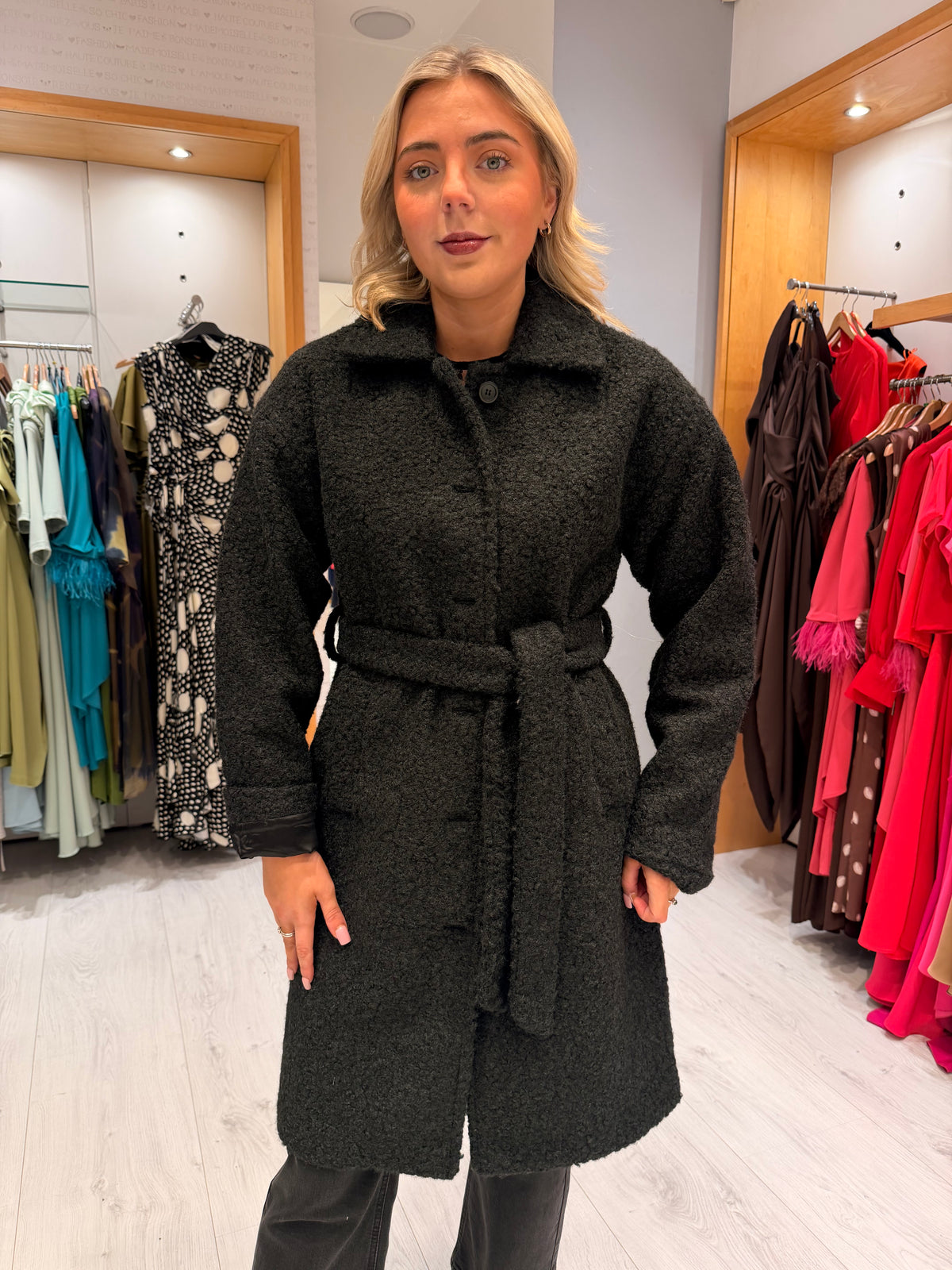 Smashed Lemon Black Belted Textured Coat